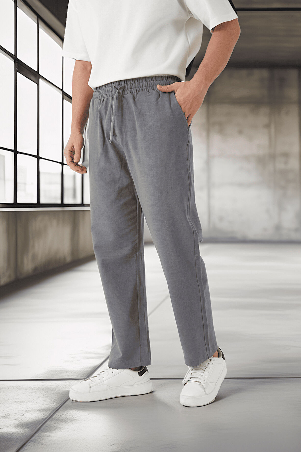 Hafif ve Nefes Alabilir Pamuklu Rahat Kalıp Baggy Erkek Pantolon - Füme