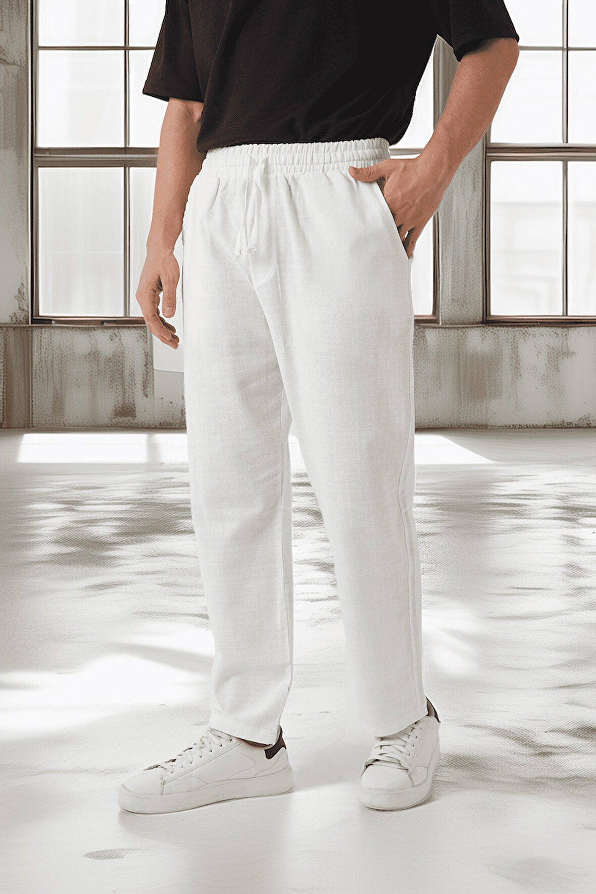 Hafif ve Nefes Alabilir Pamuklu Rahat Kalıp Baggy Erkek Pantolon - Ekru