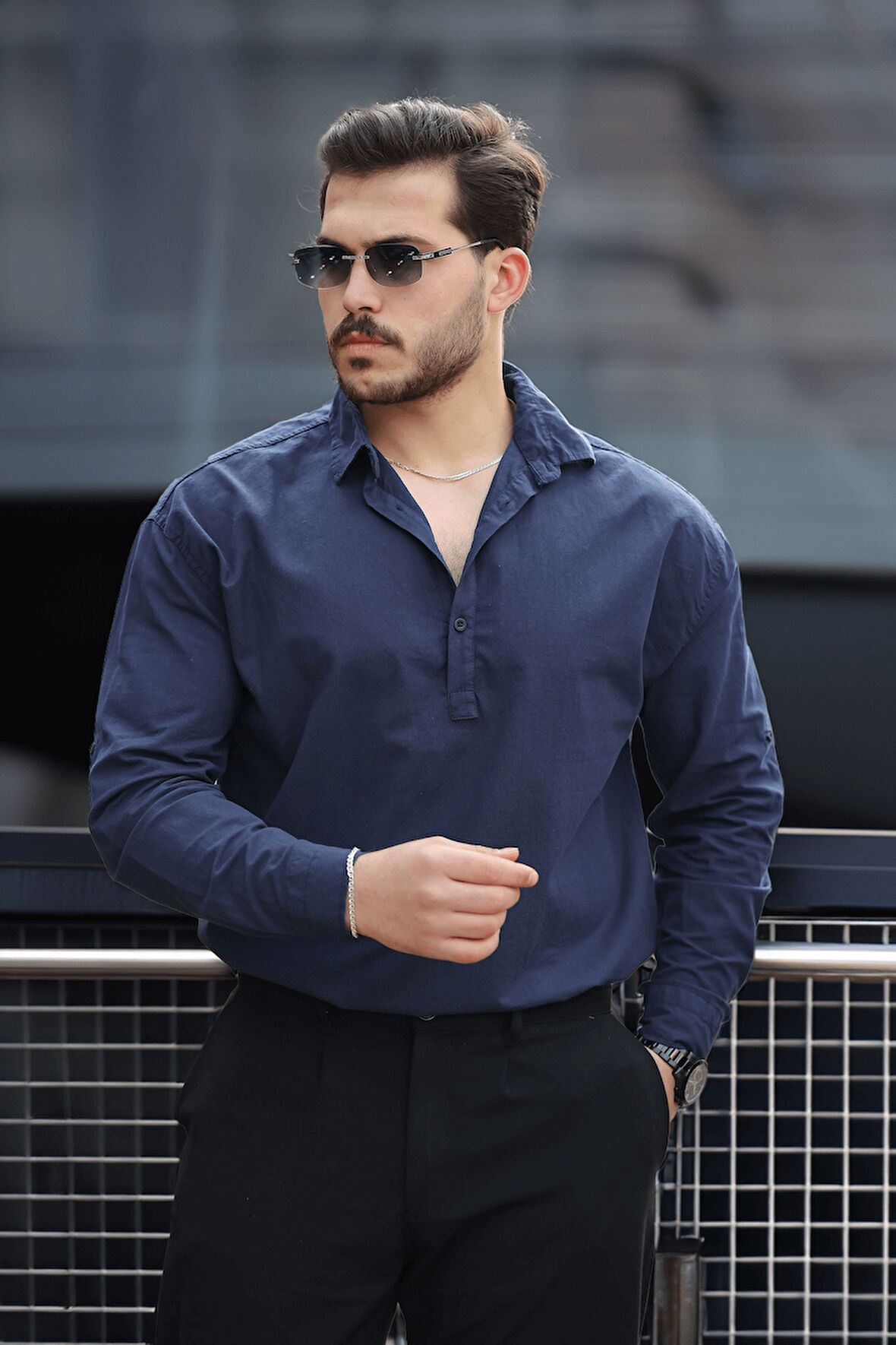 Yarım Pat Yakalı York Pamuk Kumaşlı Uzun Kollu Erkek Gömlek - Lacivert