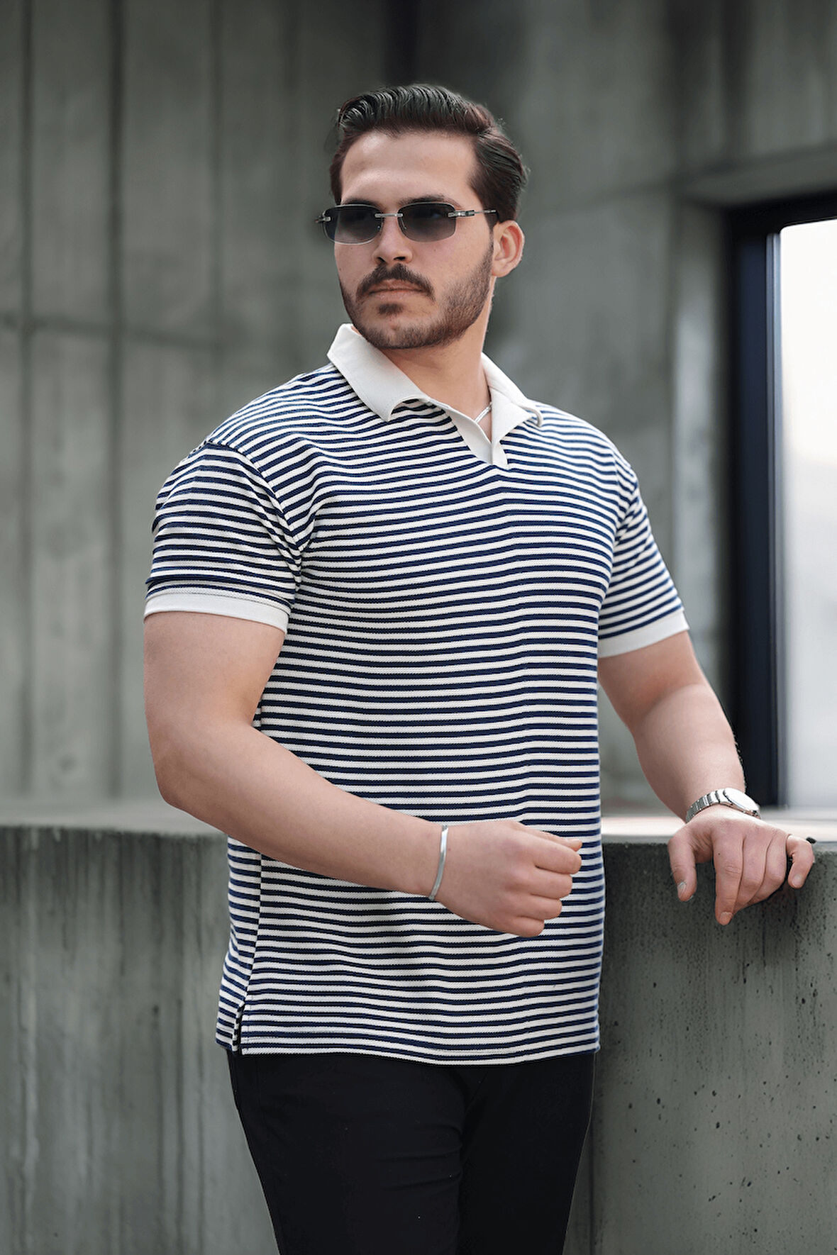 Çizgili Örme Desenli Polo Yaka Erkek T-Shirt - Lacivert