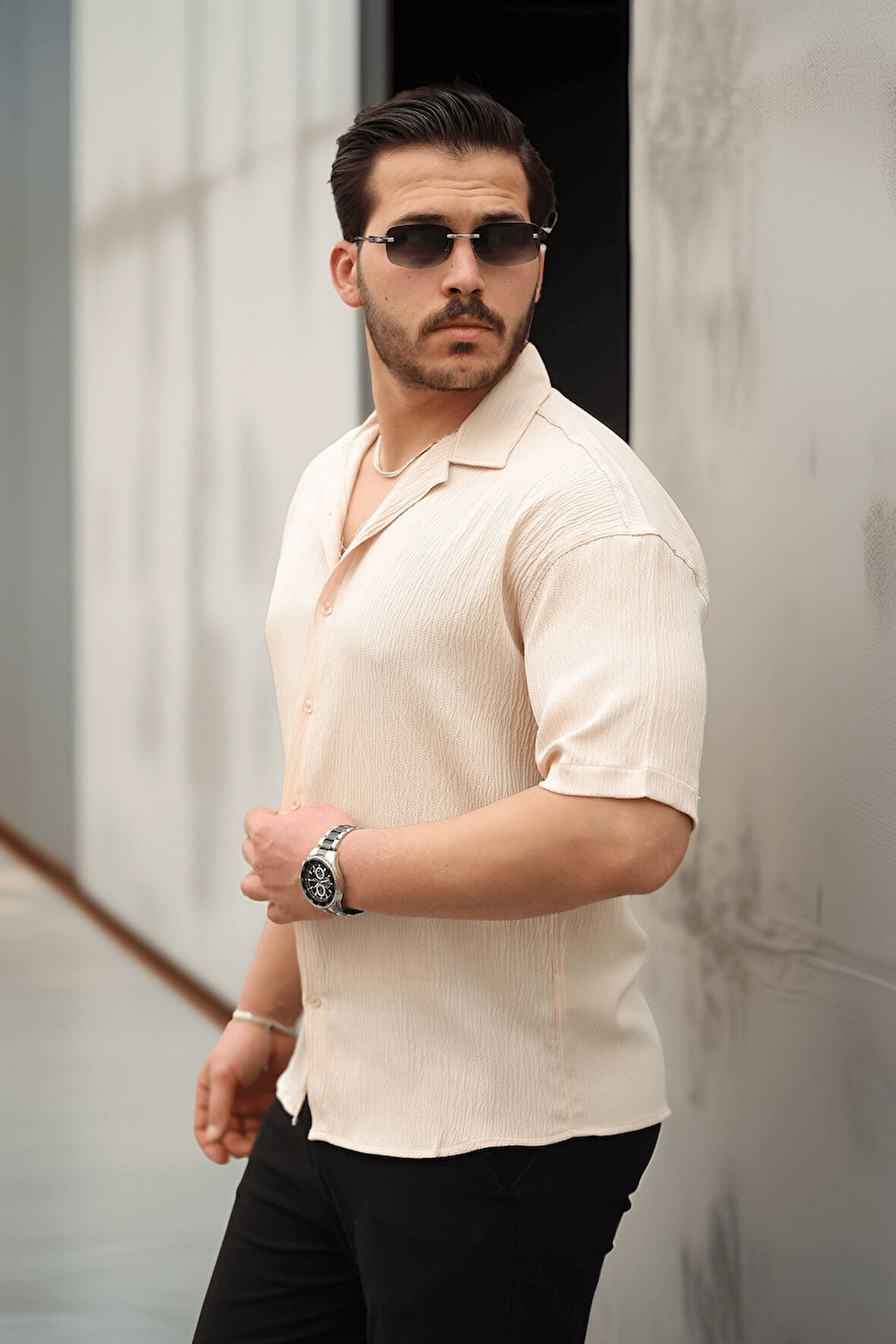 Fresh Kumaş Apaş Yaka Kısa Kol Erkek Gömlek  - Bej