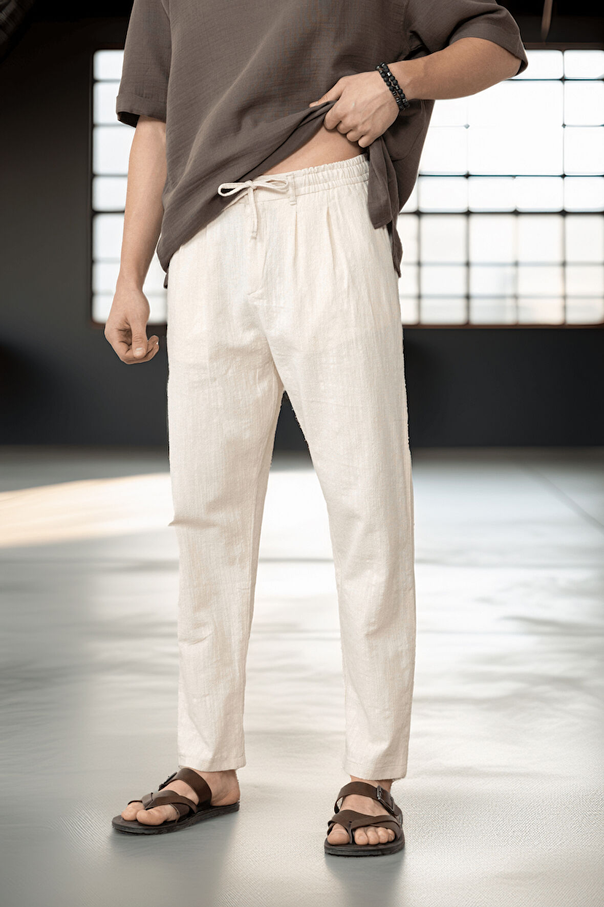 Pamuk Flamli Düz Paça Jogger Erkek Pantolon - Ekru