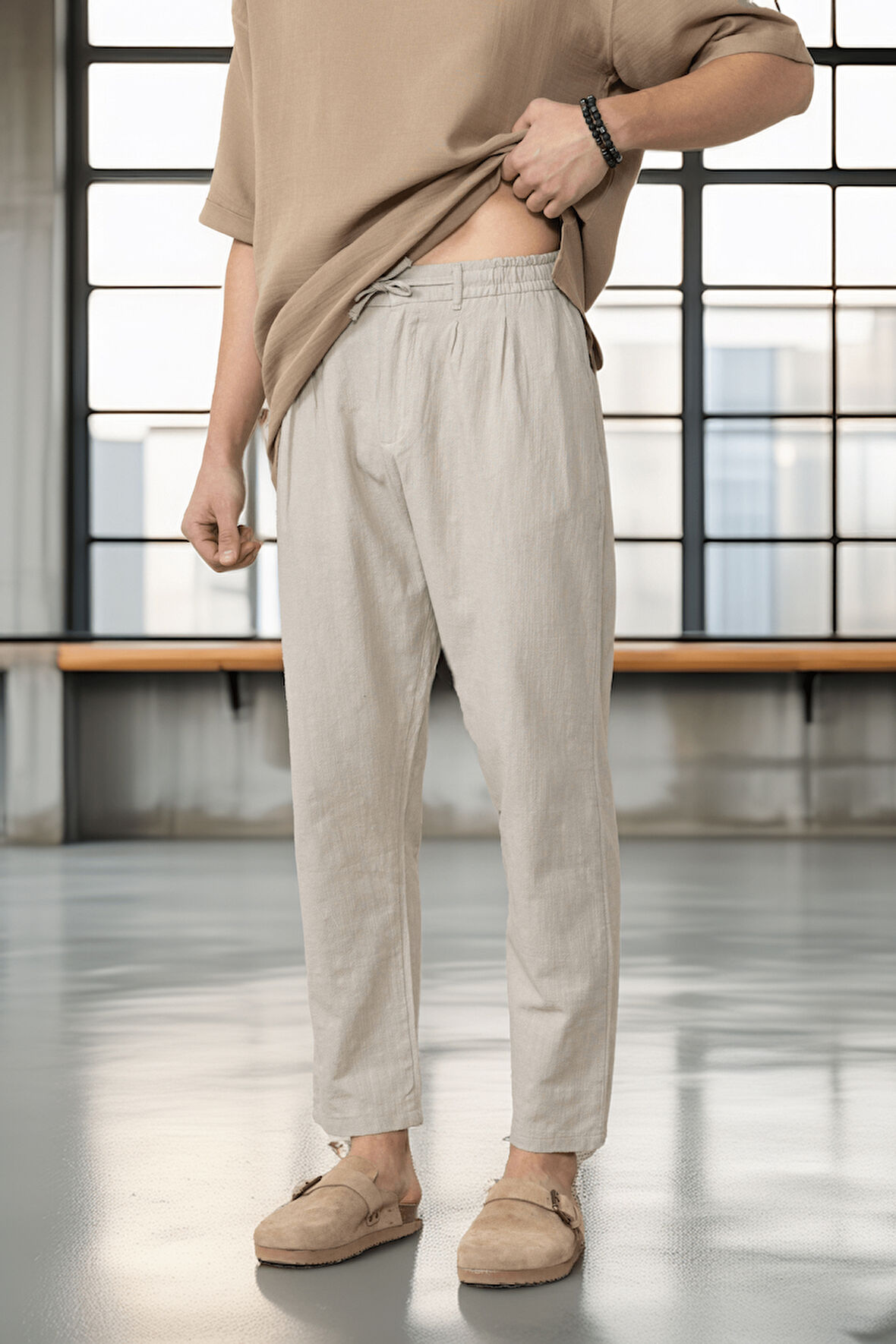 Pamuk Flamli Düz Paça Jogger Erkek Pantolon - Gri