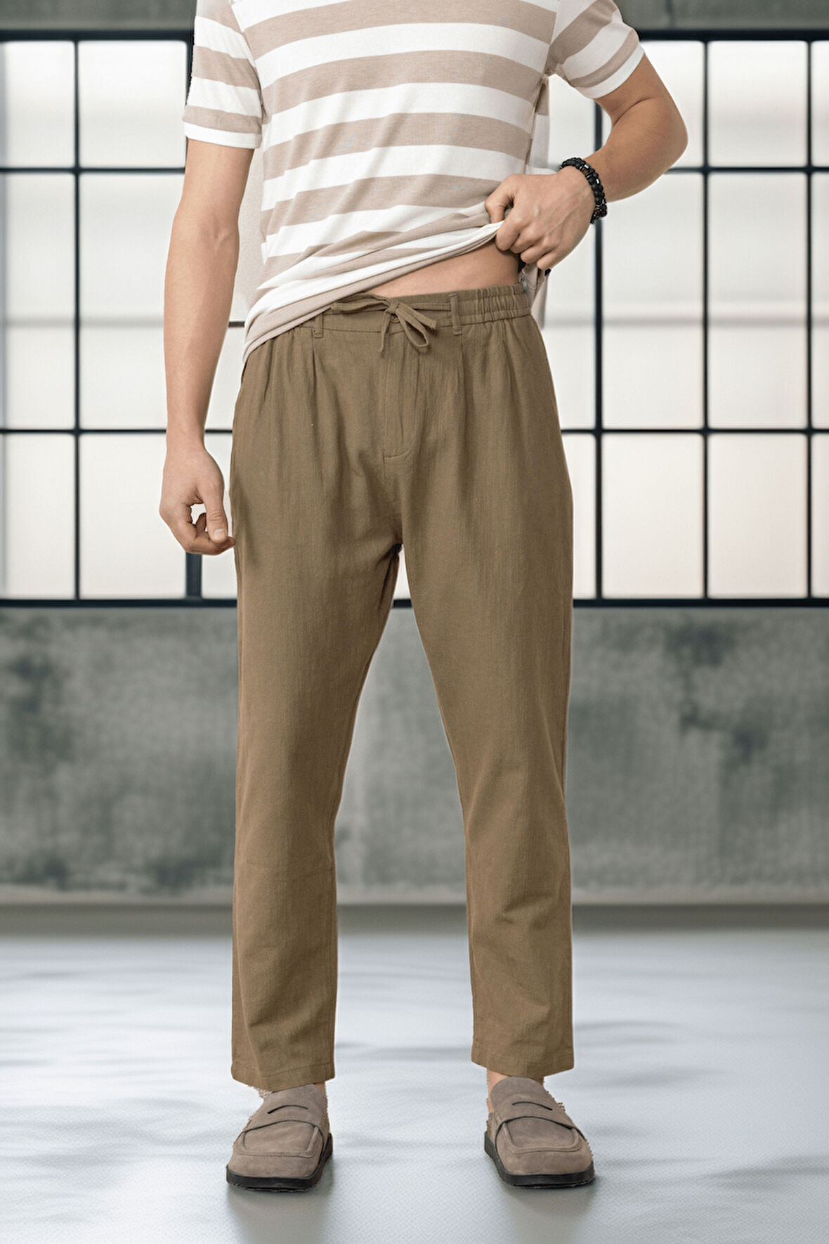 Pamuk Flamli Düz Paça Jogger Erkek Pantolon - Haki