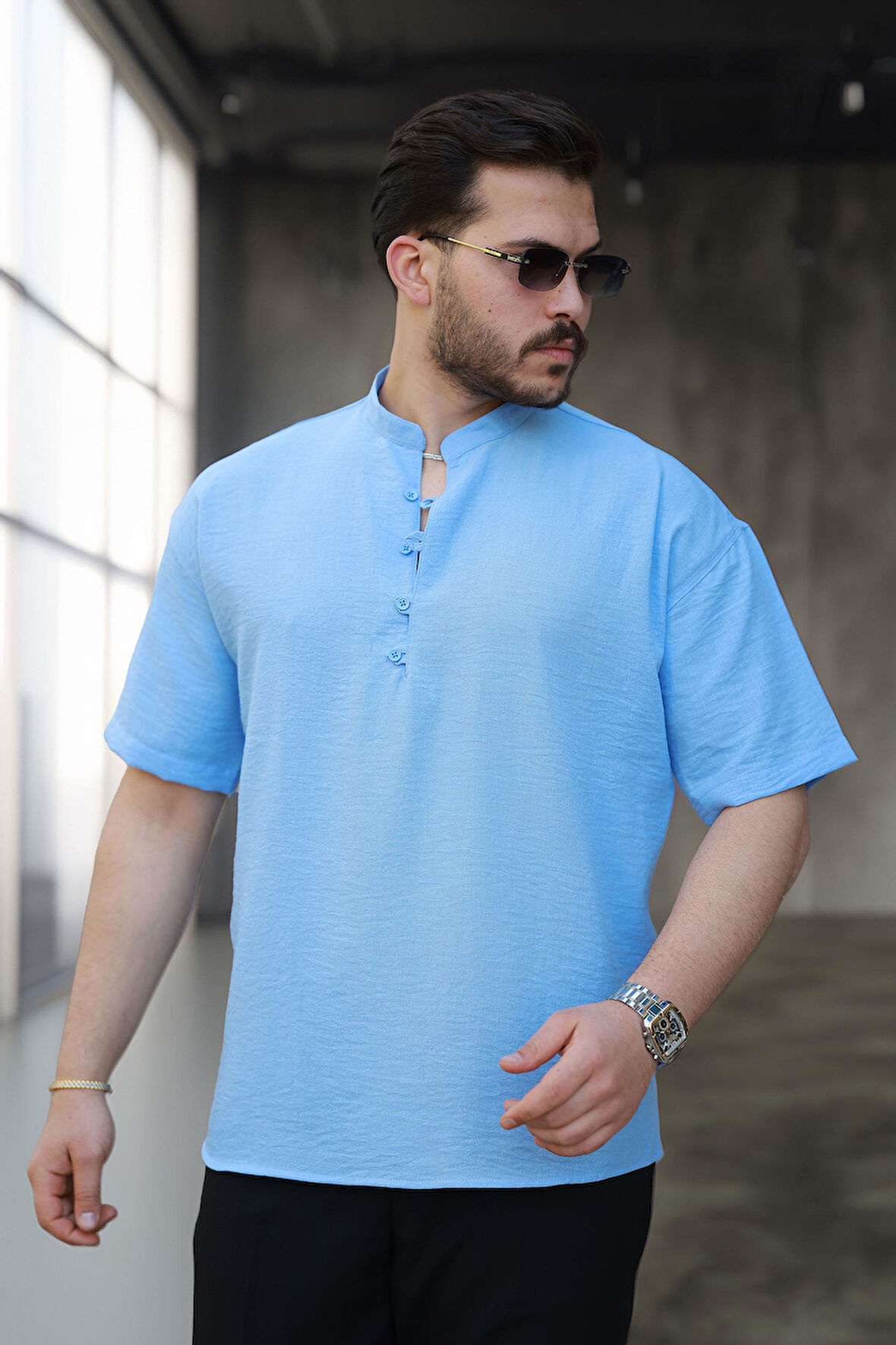 Wes Oversize Yarım Pat Bambu Kısa kol Gömlek - Açık Mavi