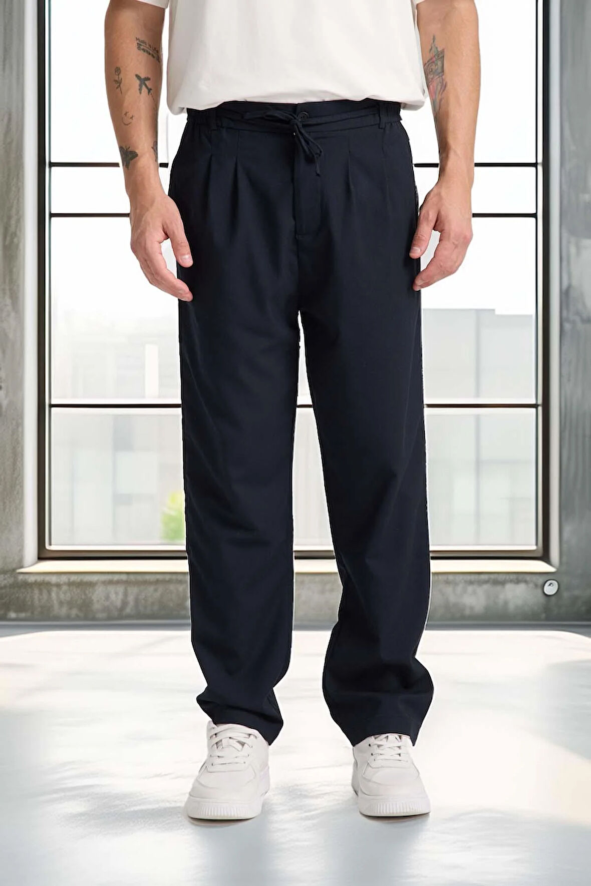 Önü Çift Pileli Fermuarlı Beli Lastikli Jogger Erkek Pantolon - Lacivert 