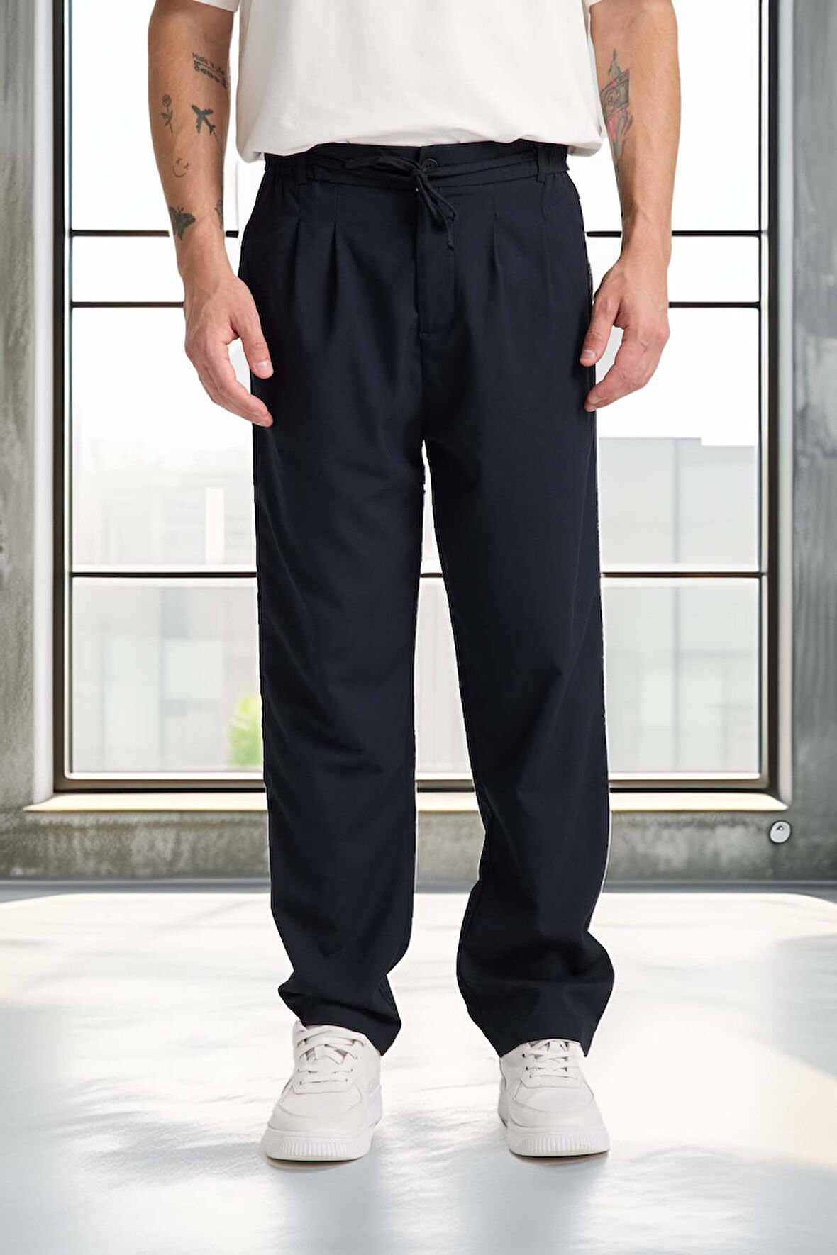 Önü Çift Pileli Fermuarlı Beli Lastikli Jogger Erkek Pantolon - Lacivert 