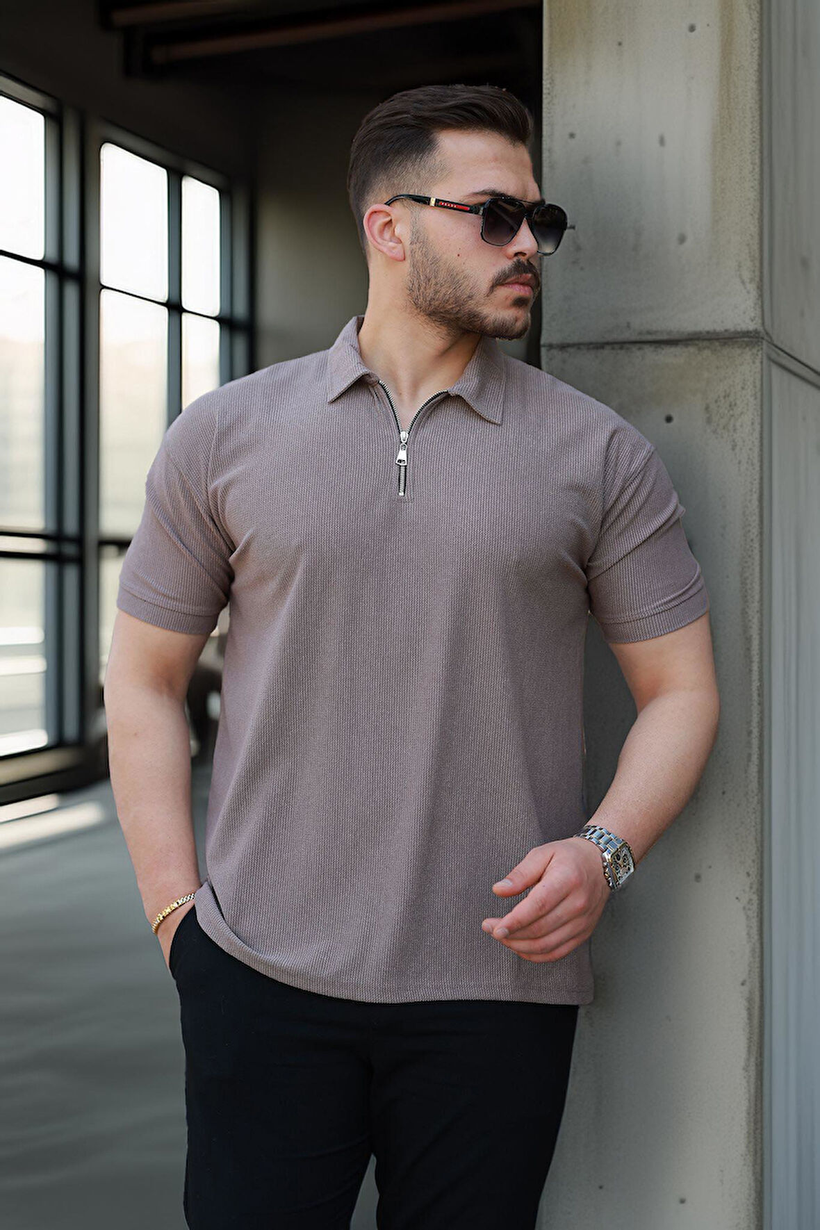 Likralı Örme Yarım Fermuar Polo Yaka Erkek Tişört - Kahve
