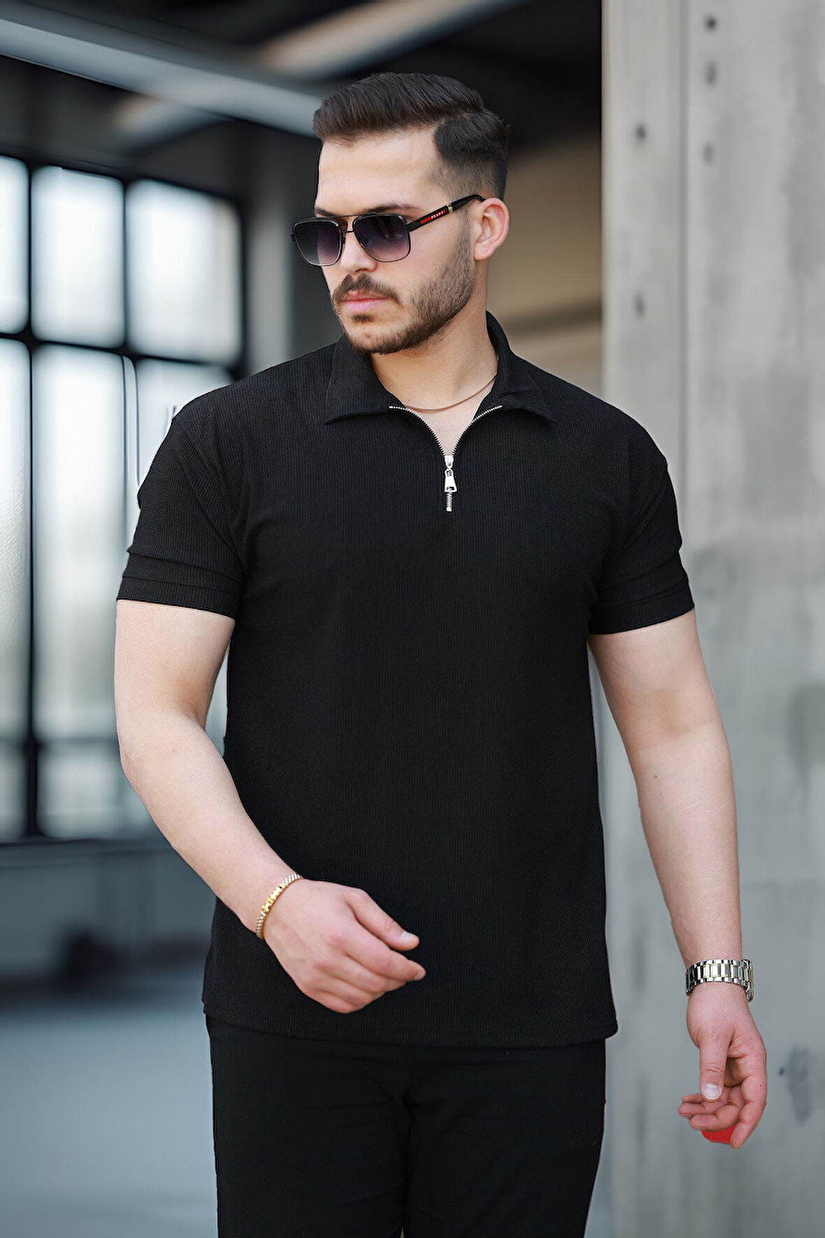 Likralı Örme Yarım Fermuar Polo Yaka Erkek Tişört - Siyah