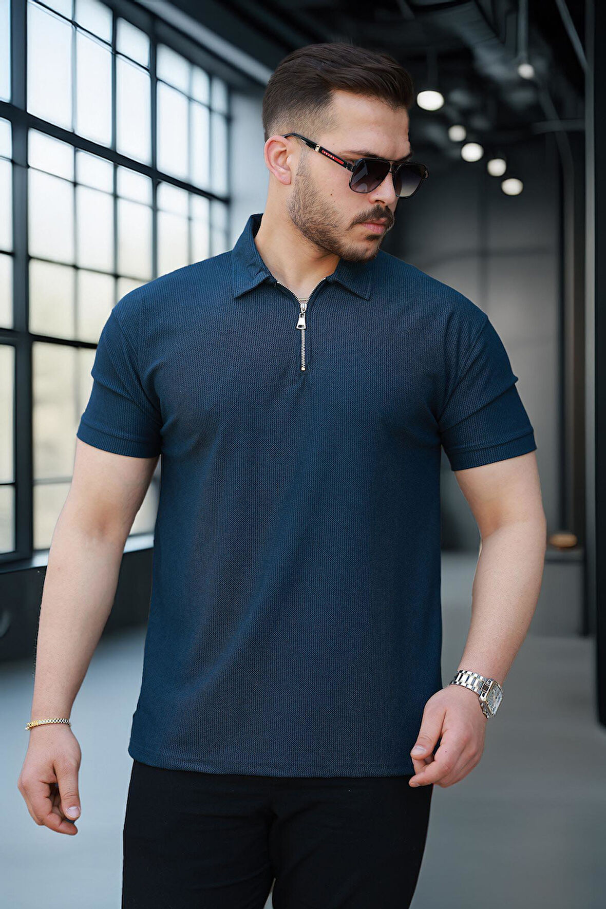 Likralı Örme Yarım Fermuar Polo Yaka Erkek Tişört - Lacivert