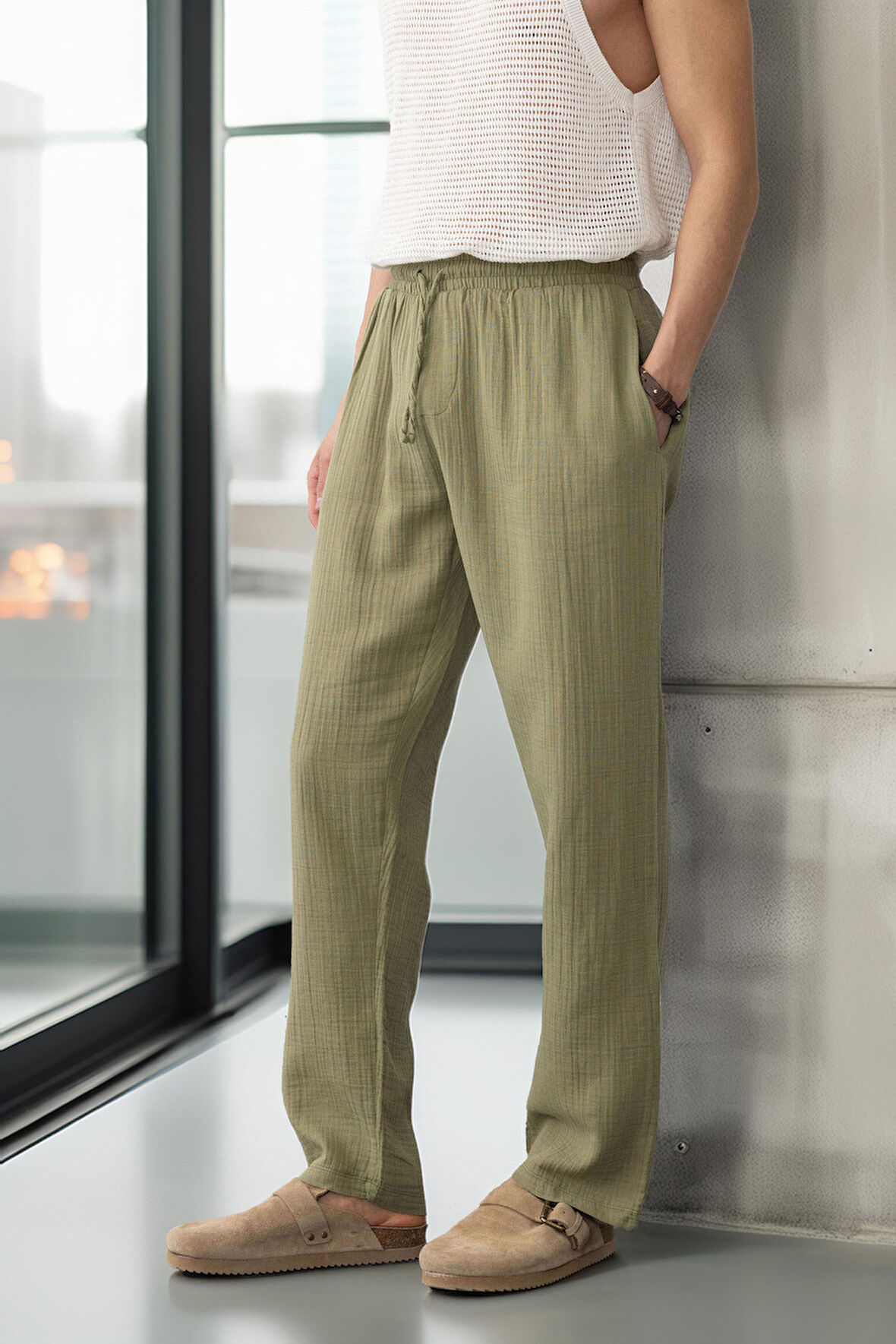 Hafif ve Rahat Müslin Baggy Erkek Pantolon - Haki