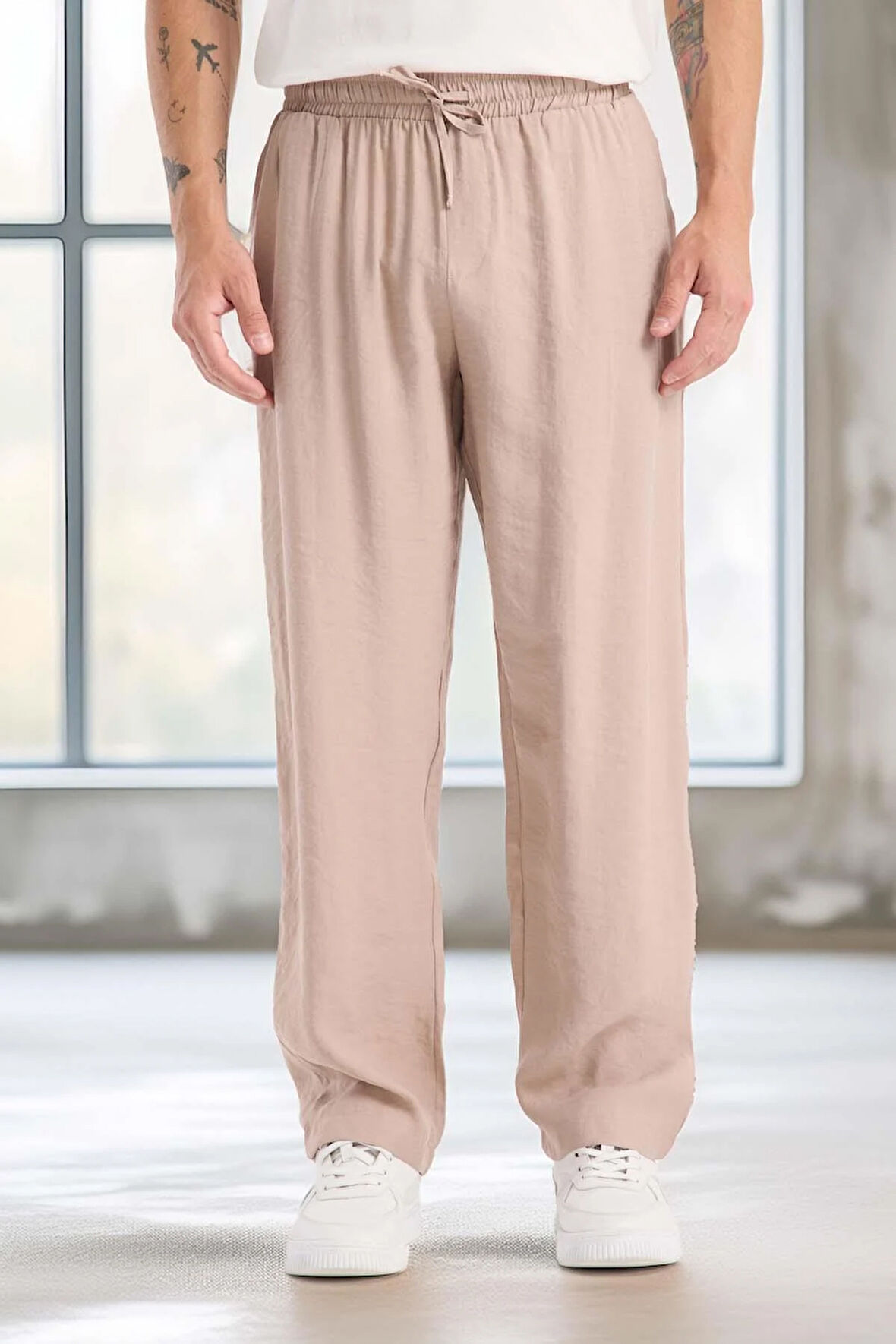 Modal Kumaş Rahat Kalıp Düz Paça Jogger Erkek Pantolon - Bej