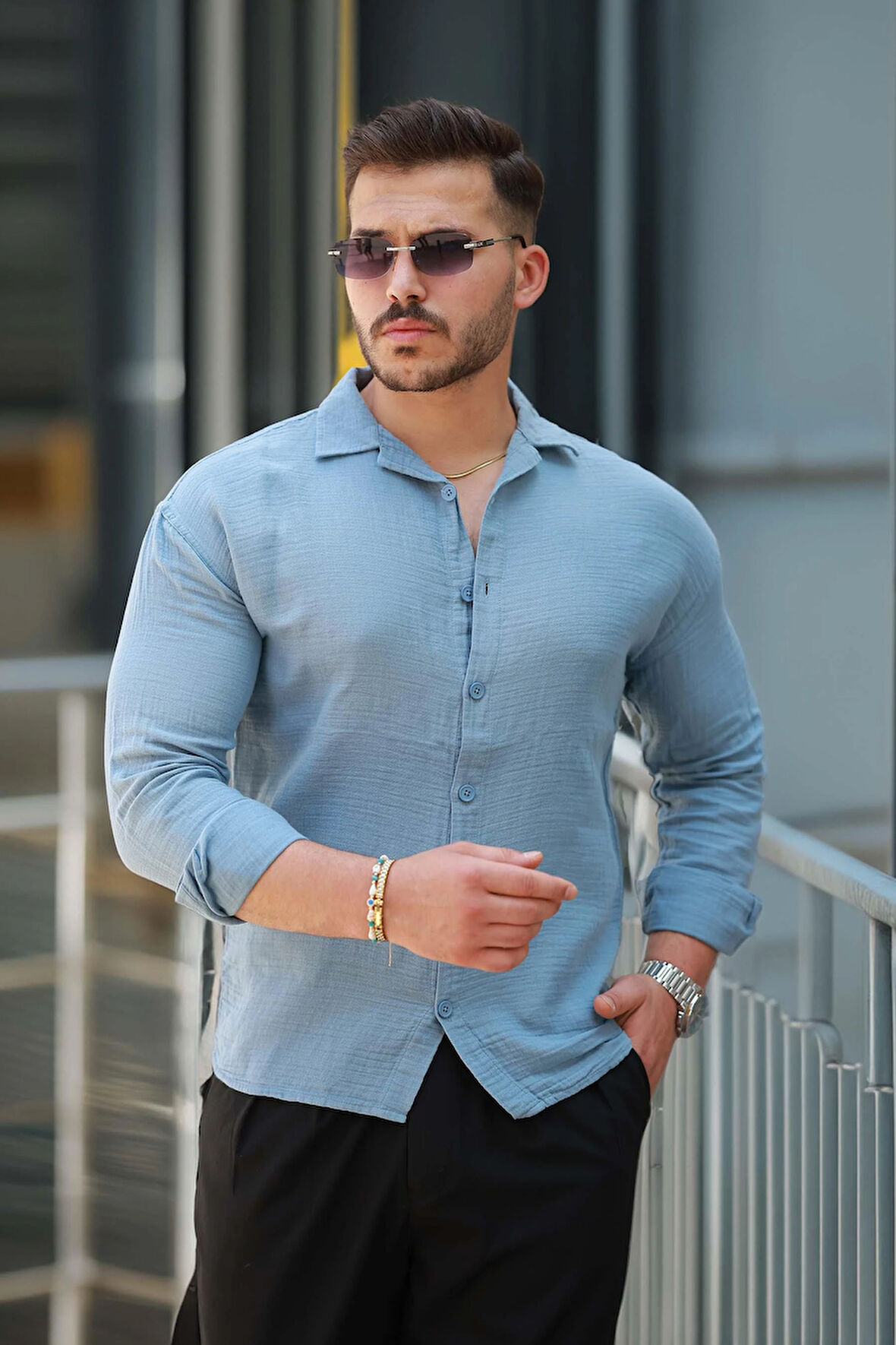 Apaş Yaka Oversize Müslin Kumaş Gömlek - Soğuk Mavi