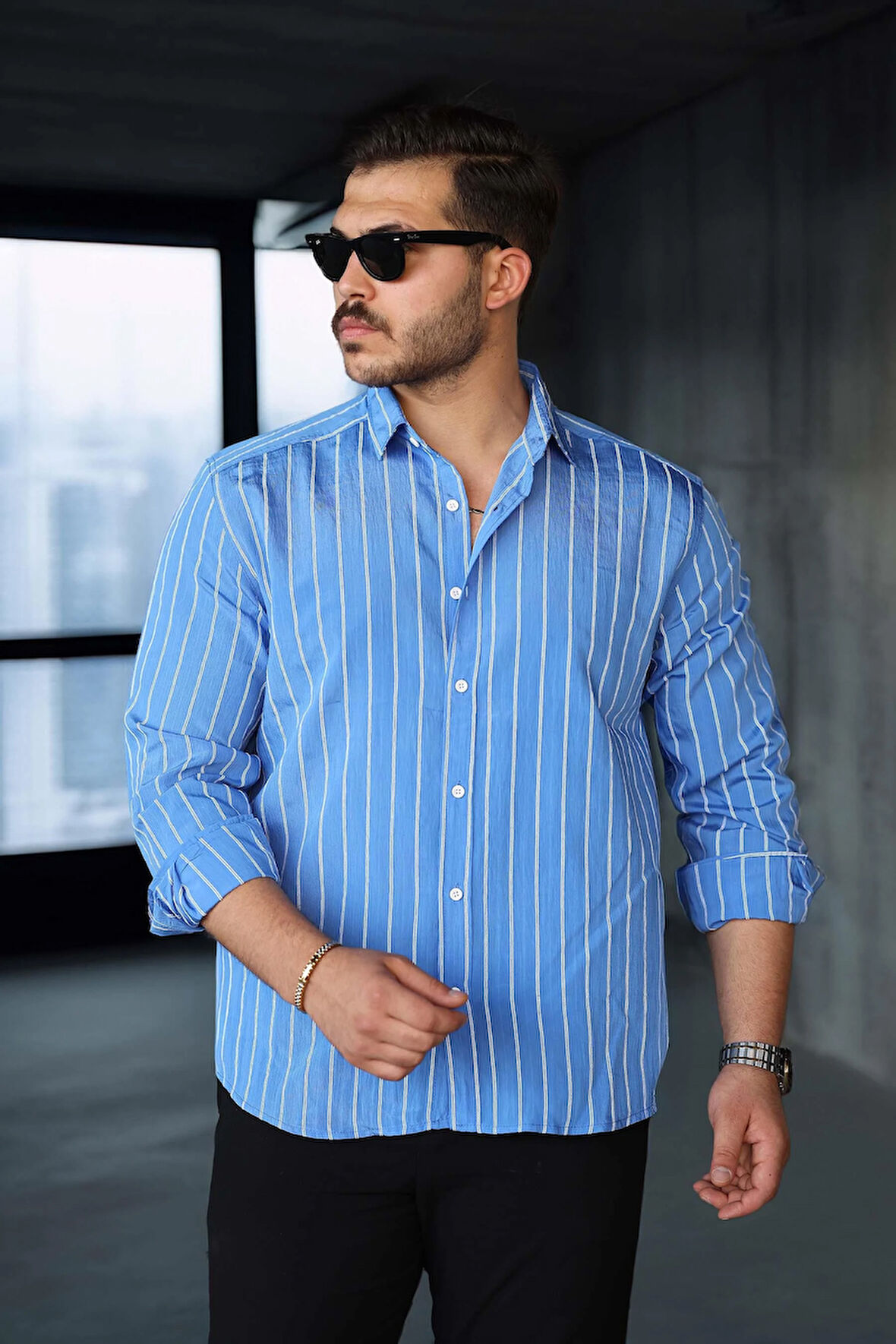 Scorsese Çizgili Relaxed Fit Erkek Gömlek - Parlement Mavi