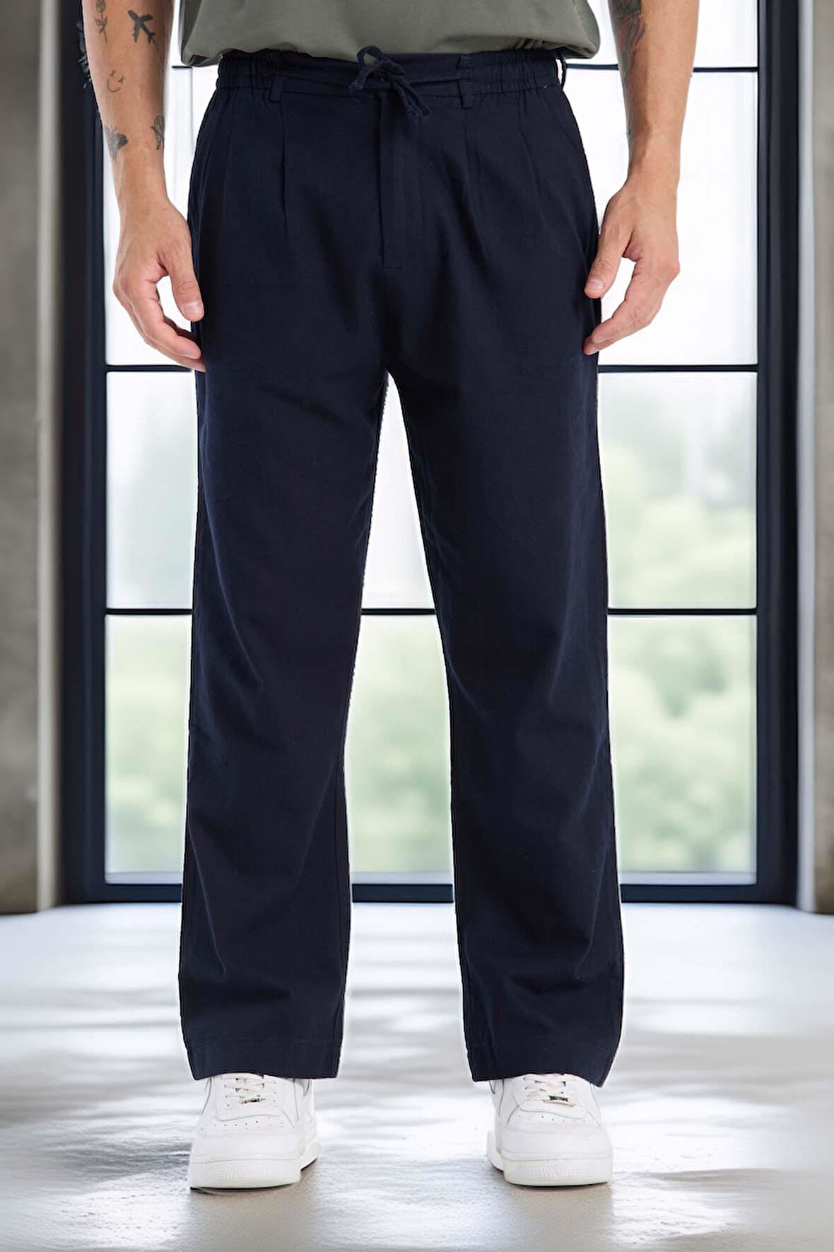 Bergman Keten Görünümlü Pamuklu Flamlı Rahat Kalıp Pileli Erkek Pantolon - Lacivert