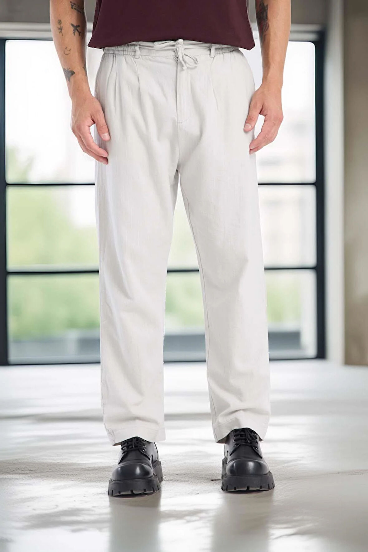 Bergman Keten Görünümlü Pamuklu Flamlı Rahat Kalıp Pileli Erkek Pantolon - Ekru