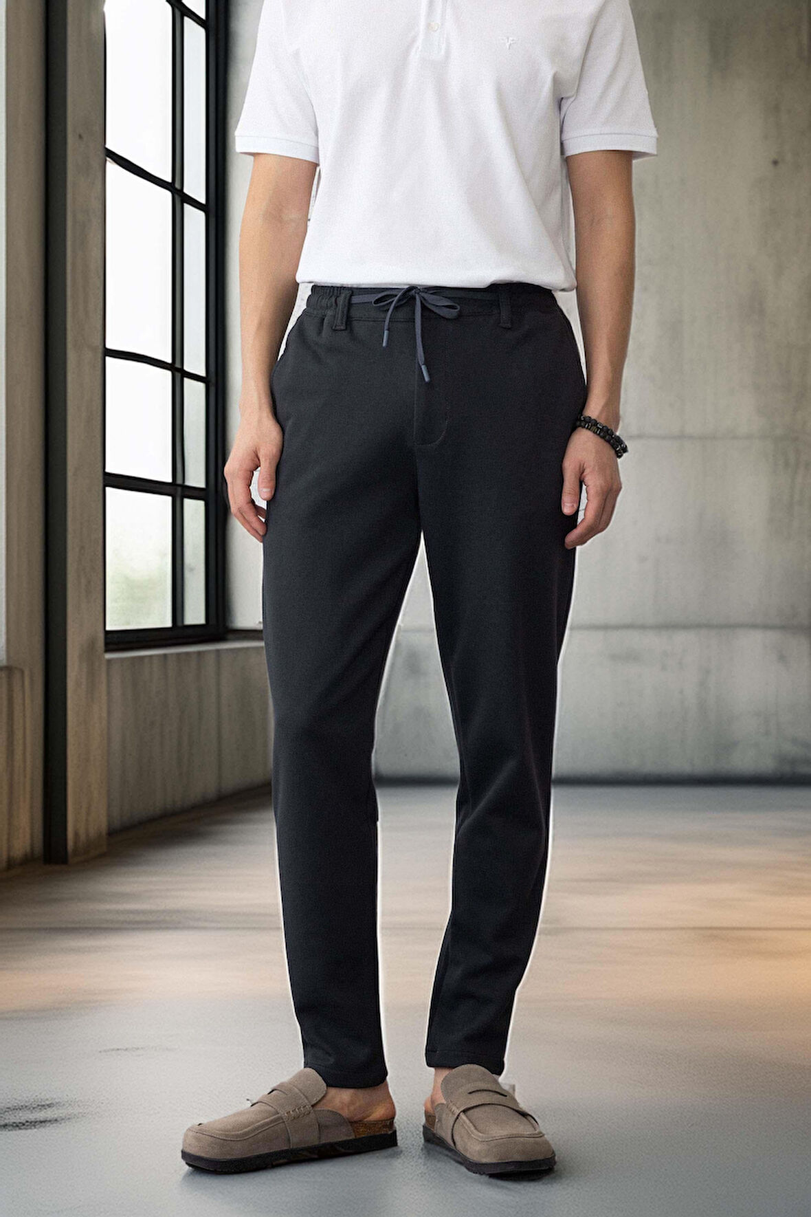 Akira Örme Pike Kumaş Beli Lastikli Fermuarlı Erkek Pantolon - Koyu Gri