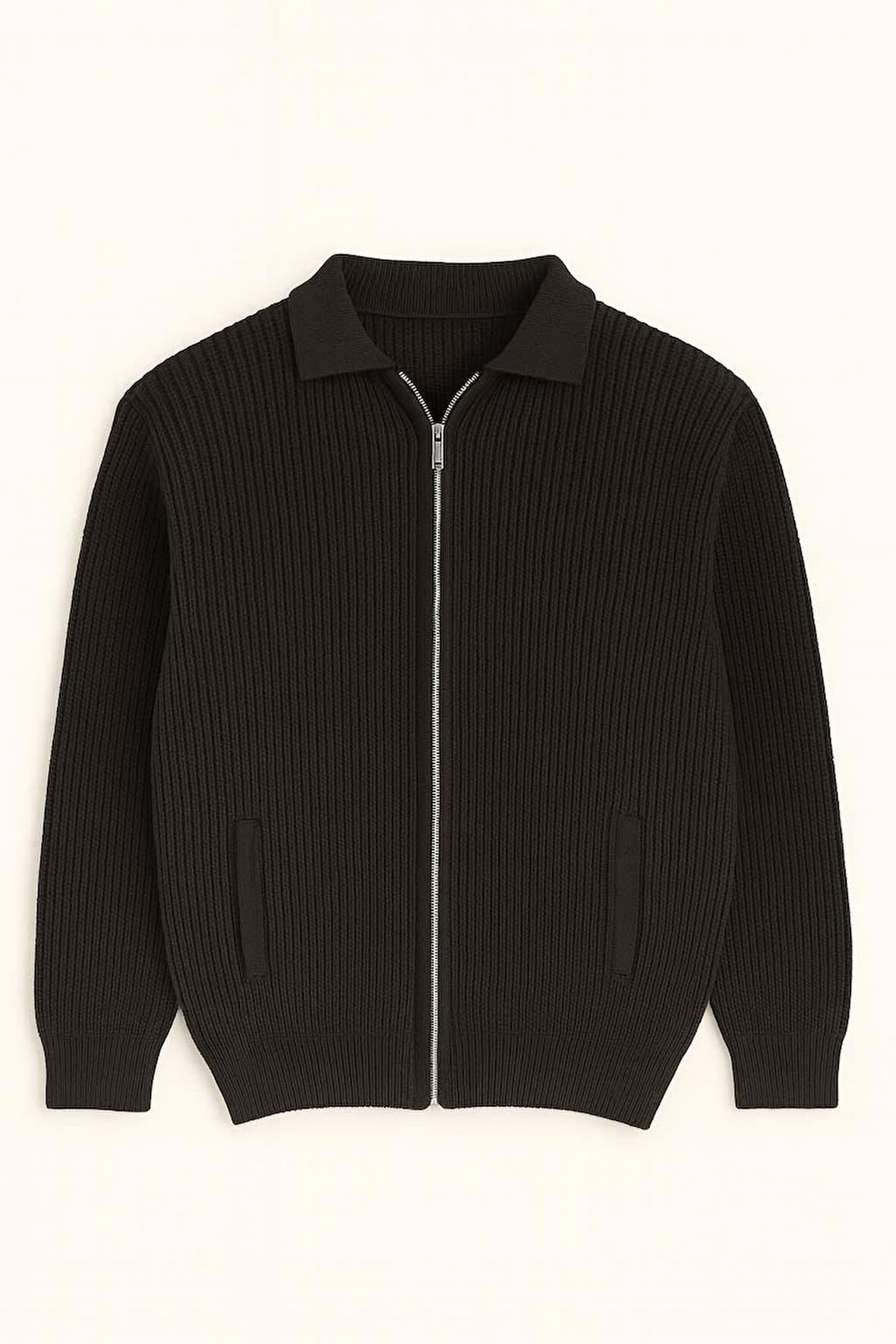 Copolla Selanik Örgü Polo Yaka Cepli Fermuarlı Rahat Kalıp Erkek Triko Hırka - Siyah