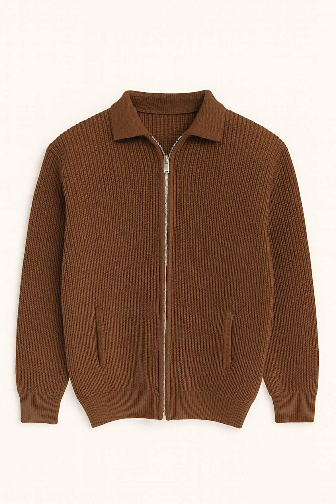 Copolla Selanik Örgü Polo Yaka Cepli Fermuarlı Rahat Kalıp Erkek Triko Hırka - Kahve