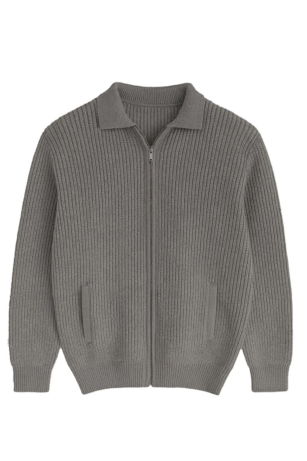 Copolla Selanik Örgü Polo Yaka Cepli Fermuarlı Rahat Kalıp Erkek Triko Hırka - Füme