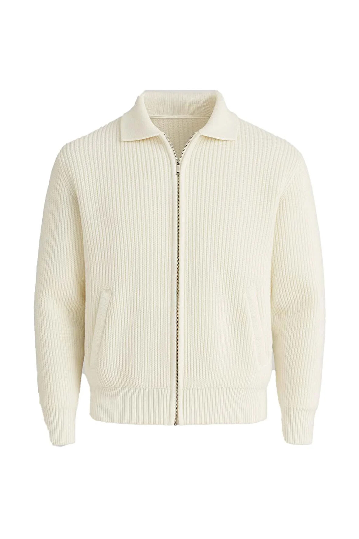 Copolla Selanik Örgü Polo Yaka Cepli Fermuarlı Rahat Kalıp Erkek Triko Hırka - Ekru