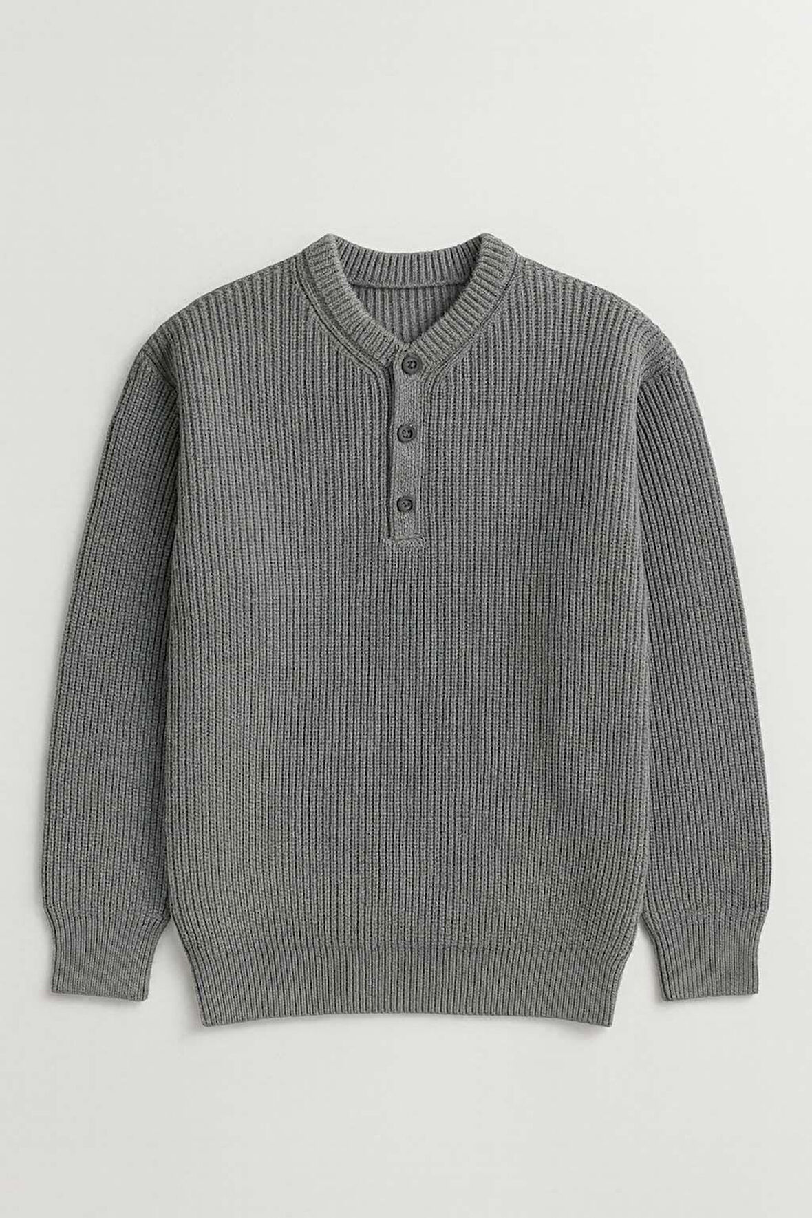 Wes Selanik Örgü 3 Düğmeli Yarım Pat Rahat Kalıp Erkek Triko Kazak - Füme