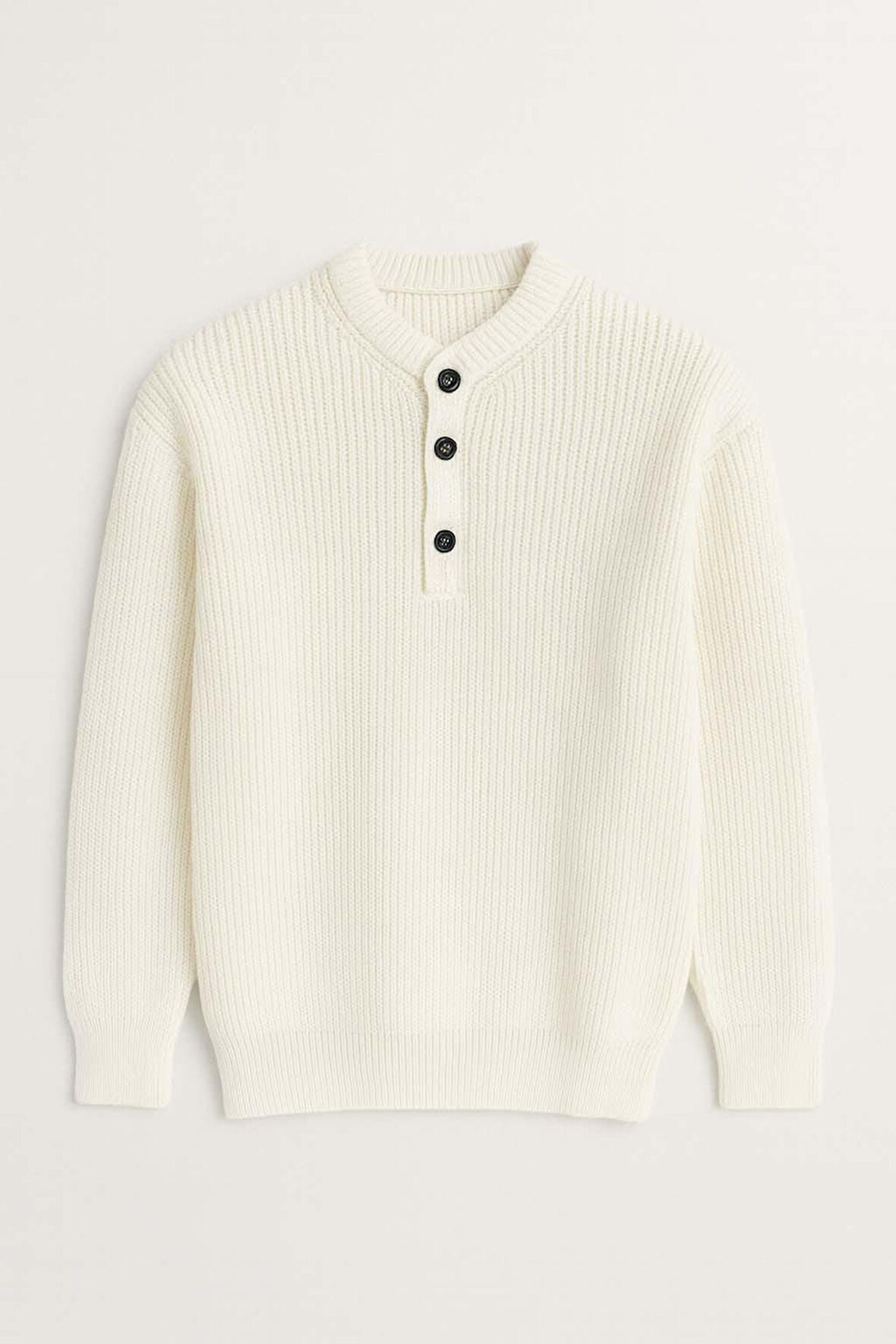 Wes Selanik Örgü 3 Düğmeli Yarım Pat Rahat Kalıp Erkek Triko Kazak - Ekru