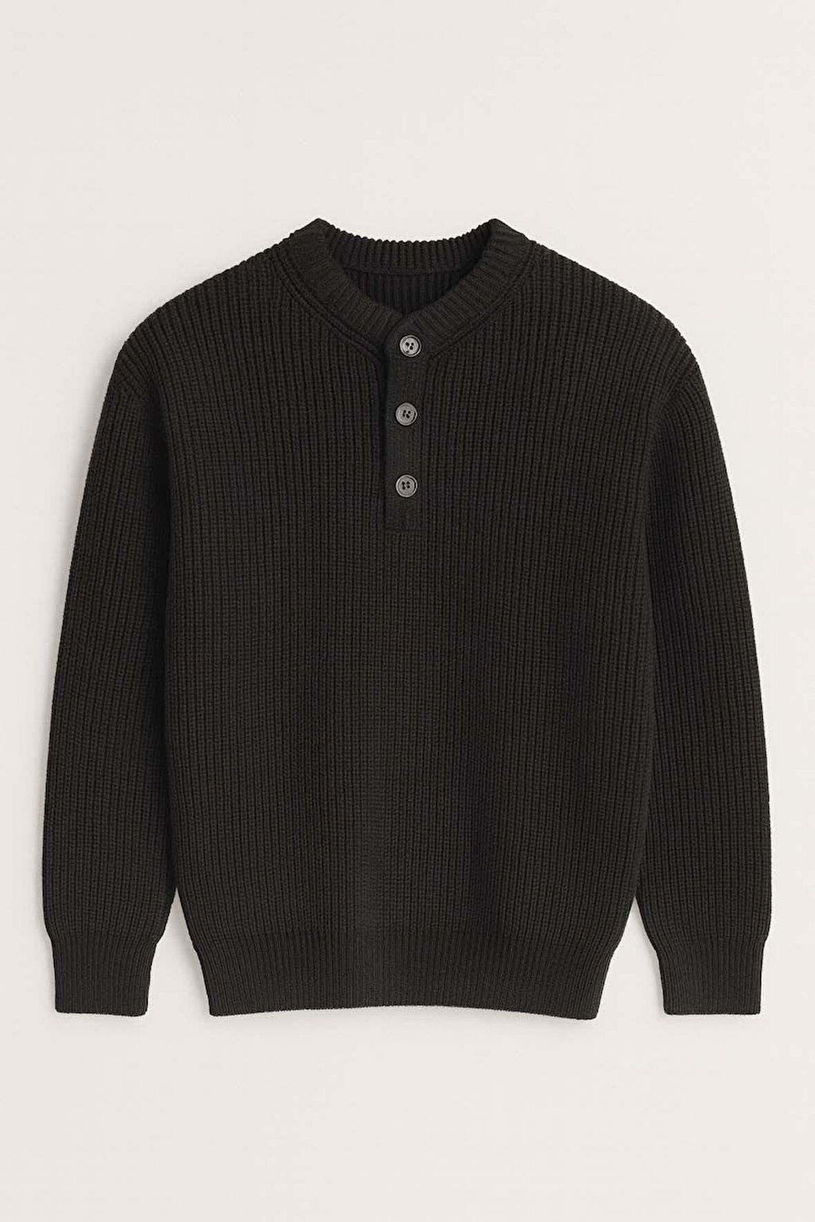 Wes Selanik Örgü 3 Düğmeli Yarım Pat Rahat Kalıp Erkek Triko Kazak - Siyah