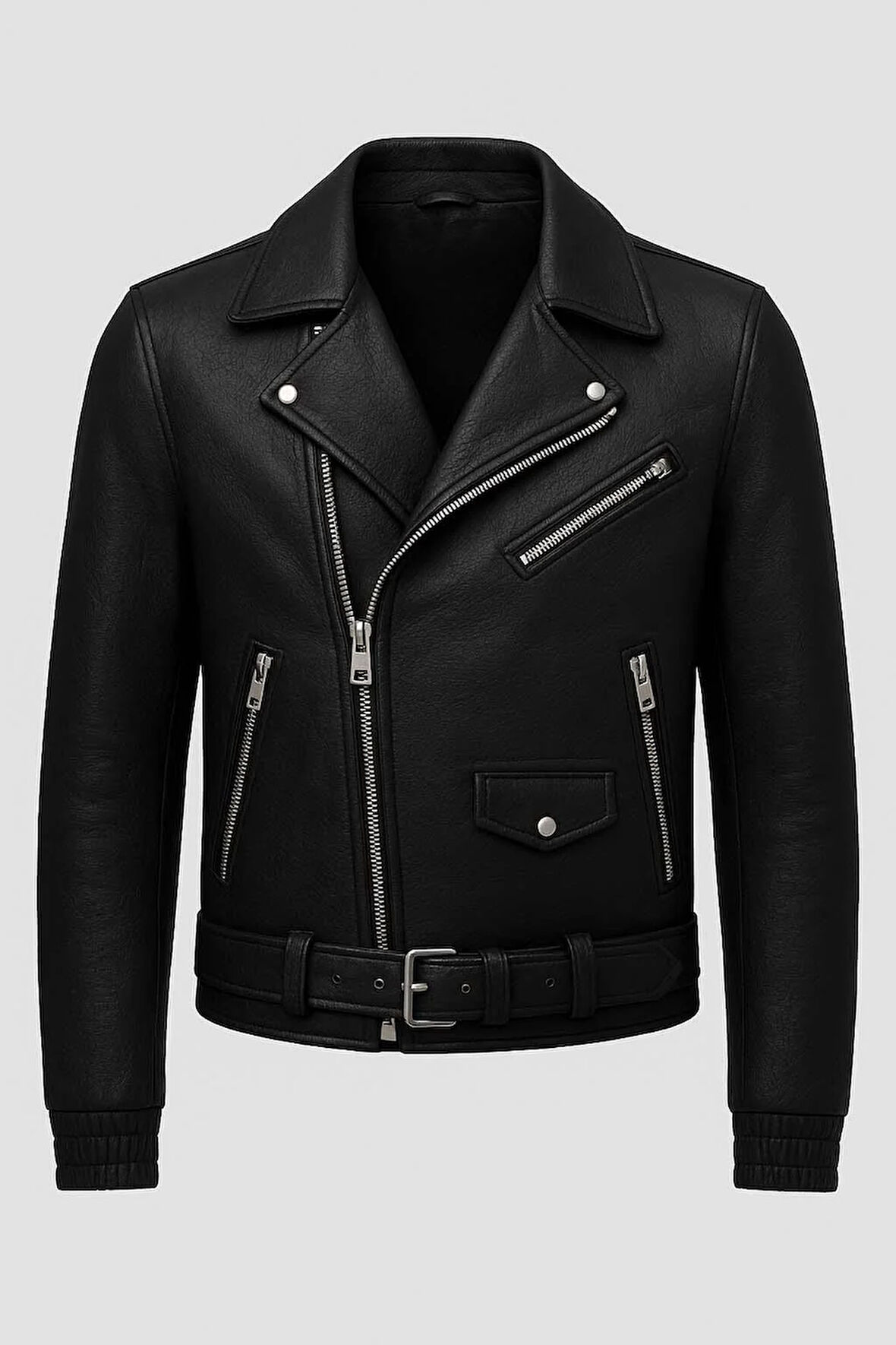 Russel Çok Cepli Biker Deri Görünümlü Erkek Ceket - Siyah