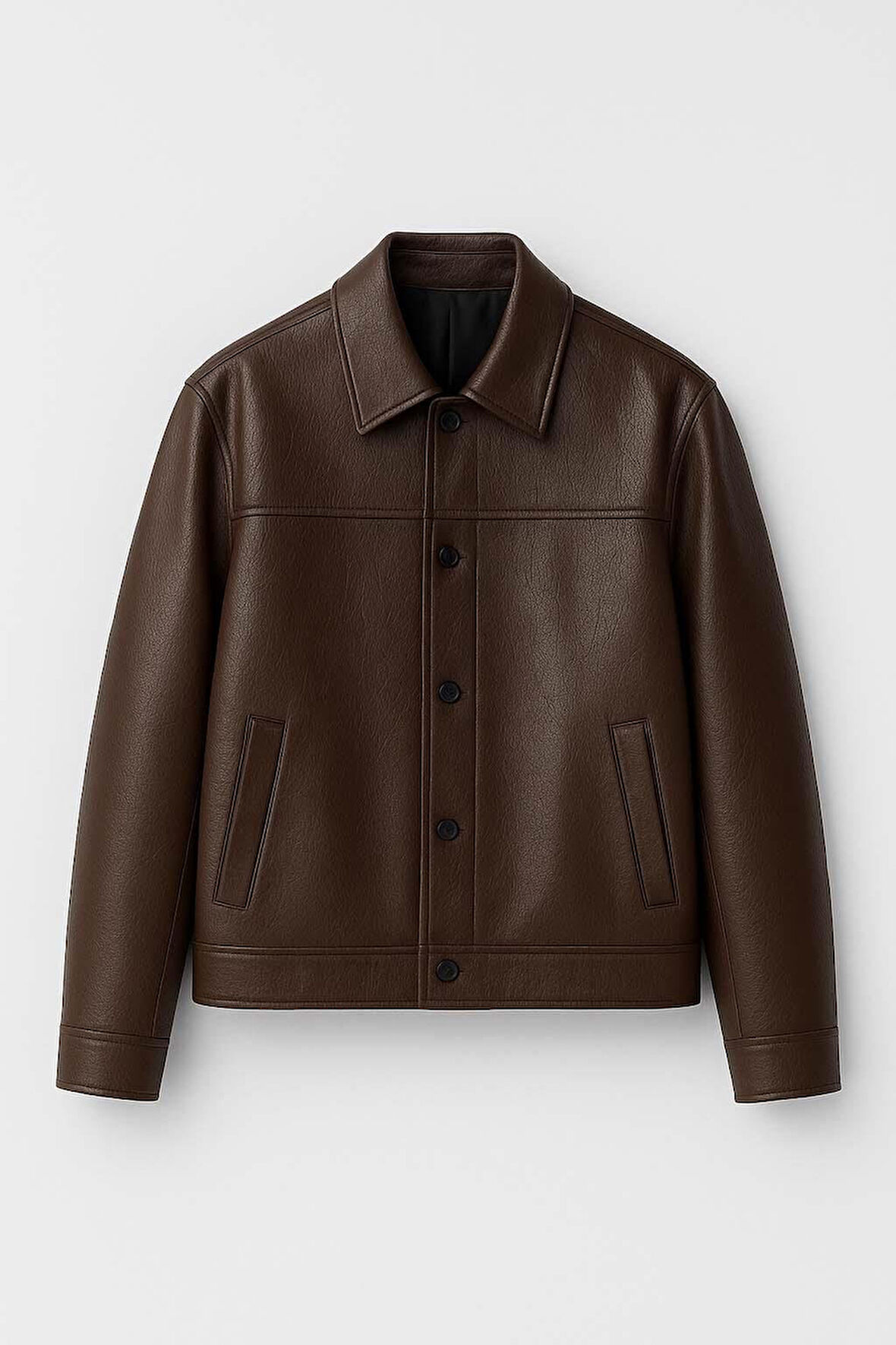 Denzel Düğmeli Yan Cepli Deri Görünümlü Erkek Ceket - Kahve