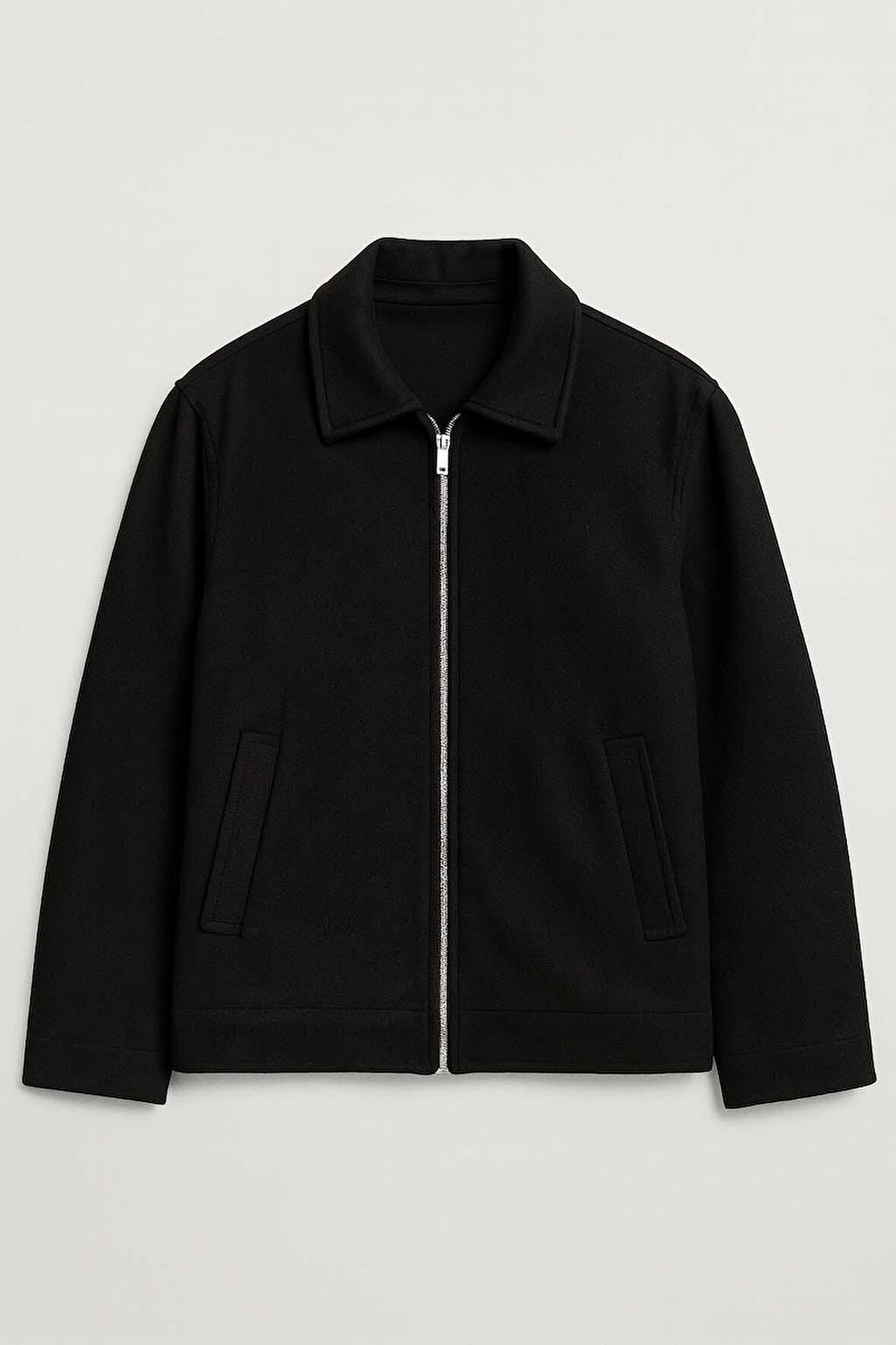 Kaşe Kumaş Fileto Cepli Fermuarlı Erkek Ceket - Siyah