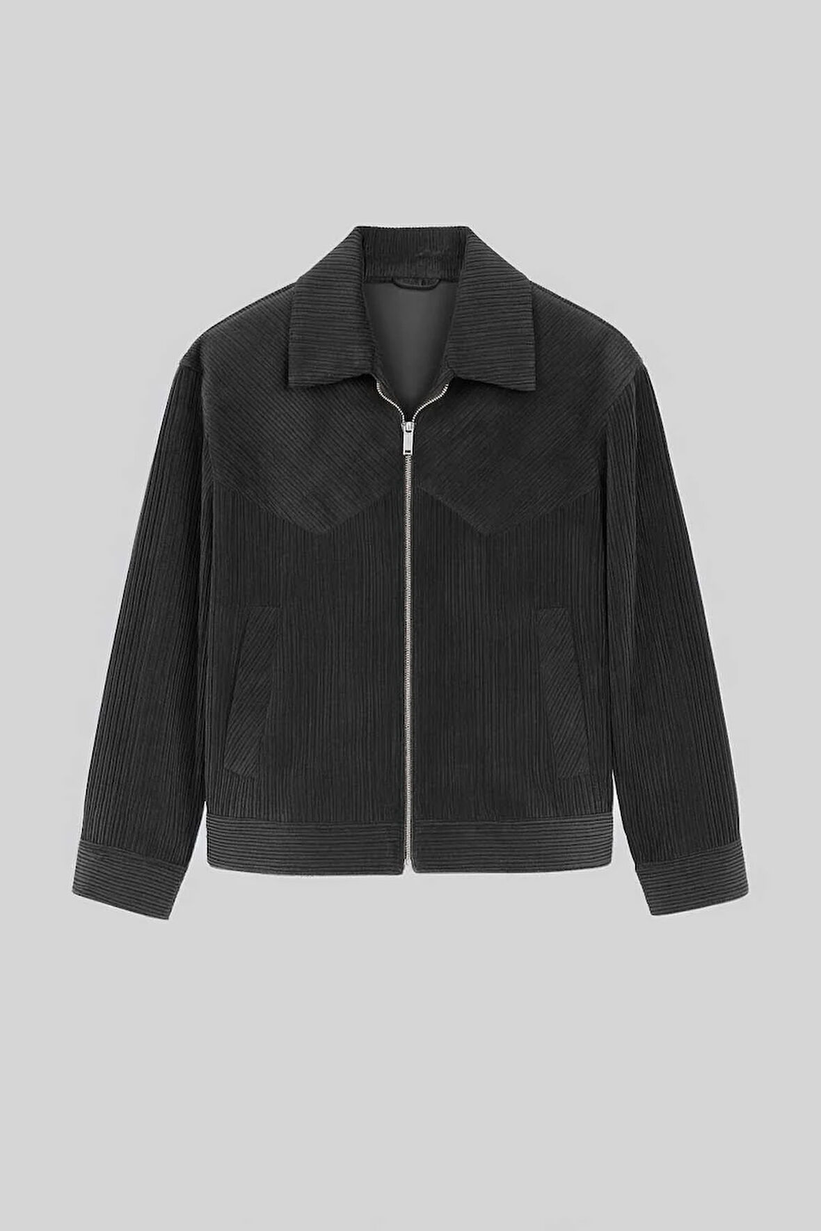 Dreyer Fitilli Kadife Kumaş Fileto Cepli Fermuarlı Erkek Ceket - Siyah