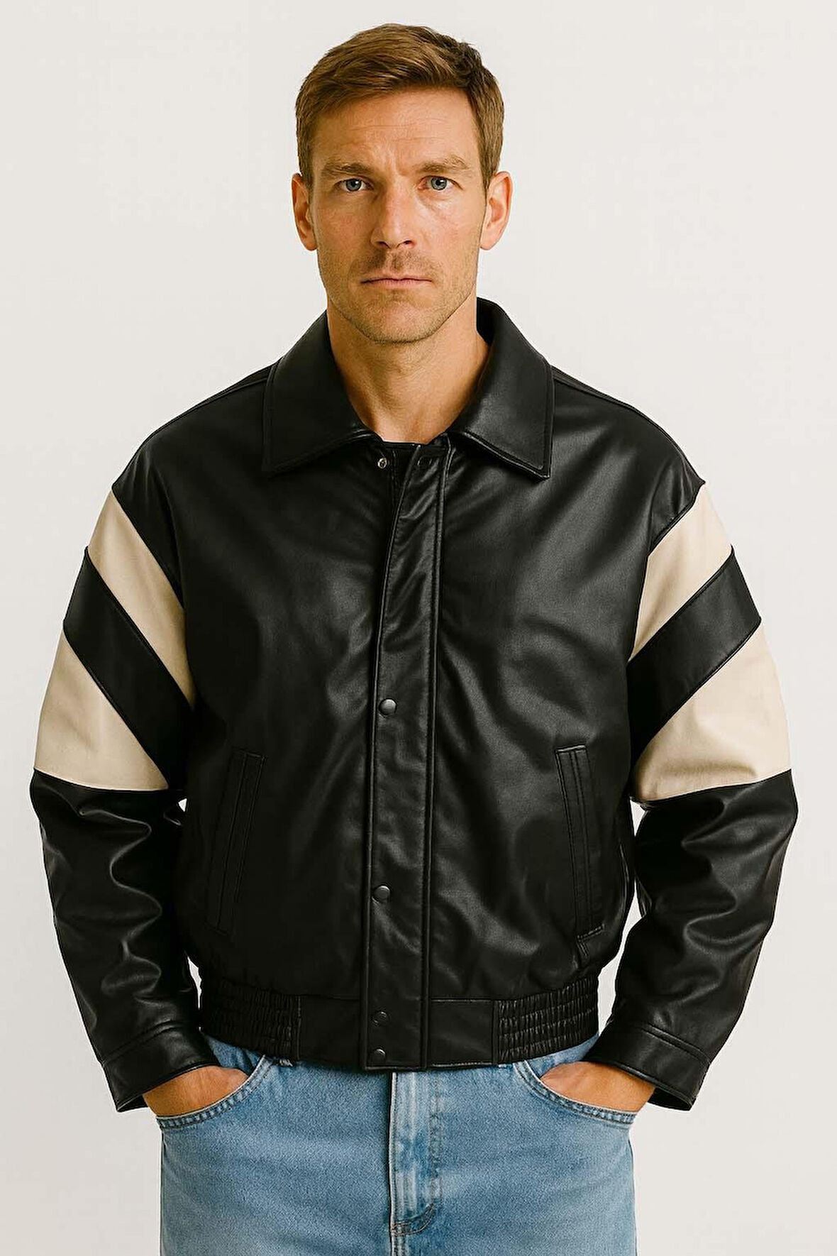 Burton Kolları Garnili Fermuarlı Deri Görünümlü Erkek Ceket - Ekru Siyah