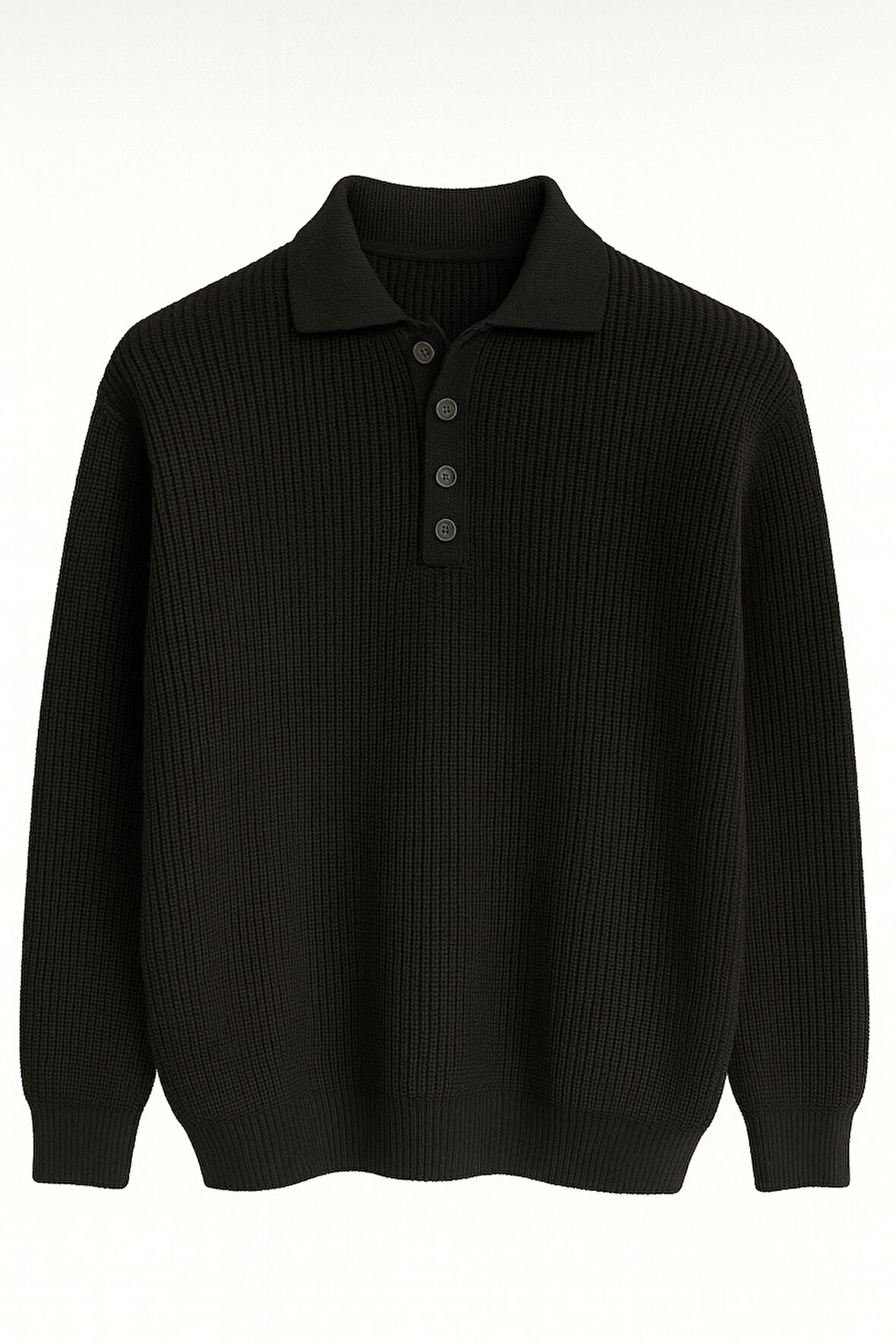 Oversize Selanik Örgü 4 Düğmeli Yarım Pat Rahat Kalıp Erkek Triko Kazak - Siyah