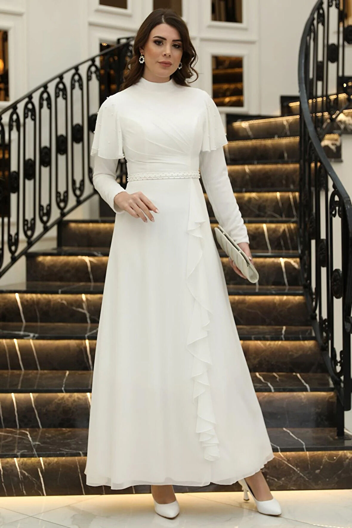 Asil Tesettür İnci Detaylı Elbise Ekru