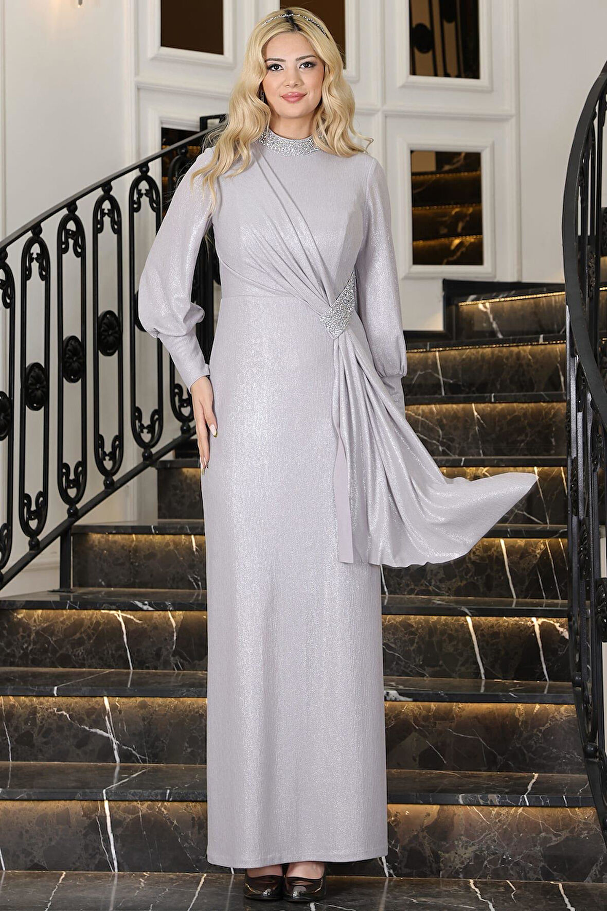 Açelya Tesettür Abiye Gri