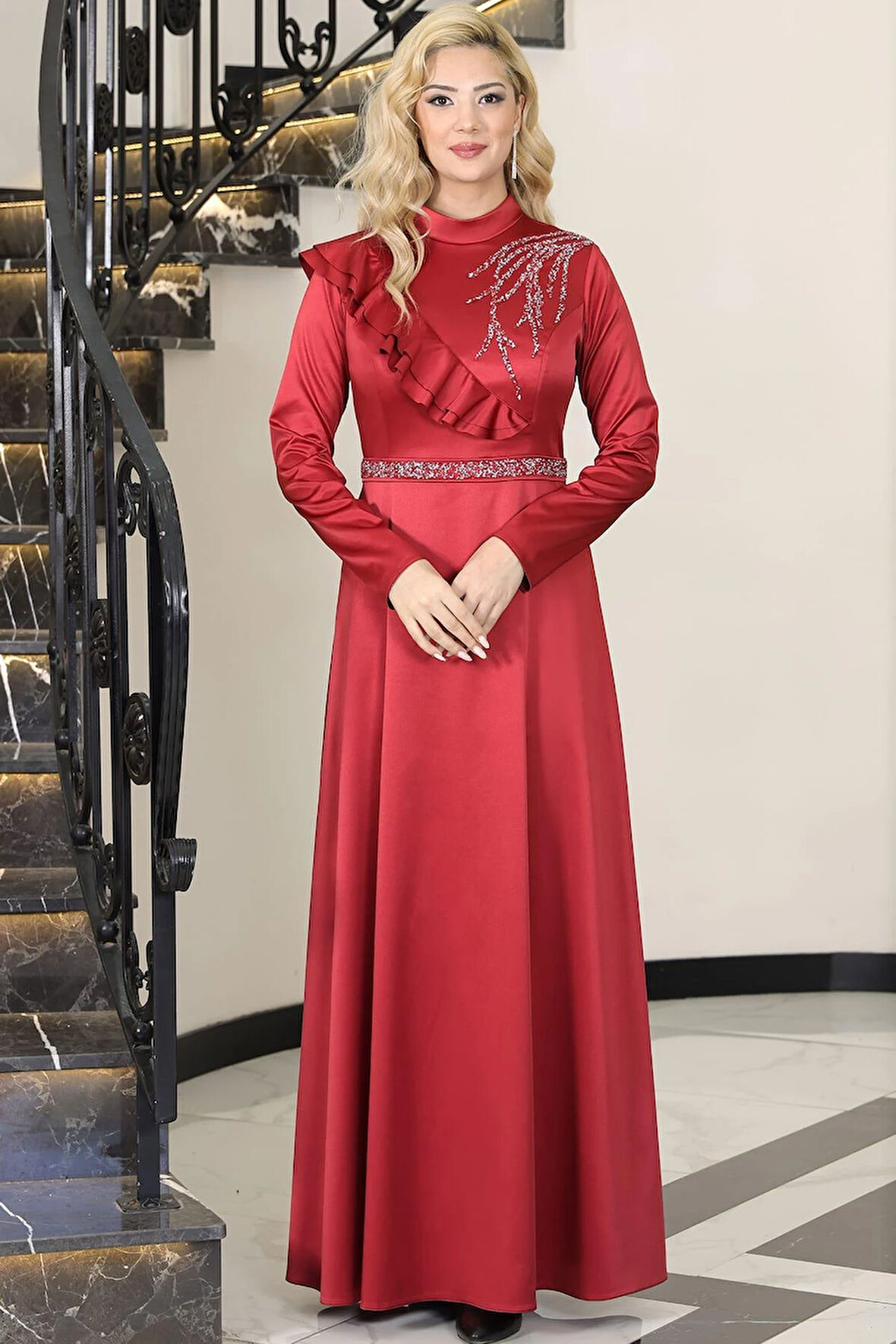 Ada Saten Tesettür Abiye Kırmızı