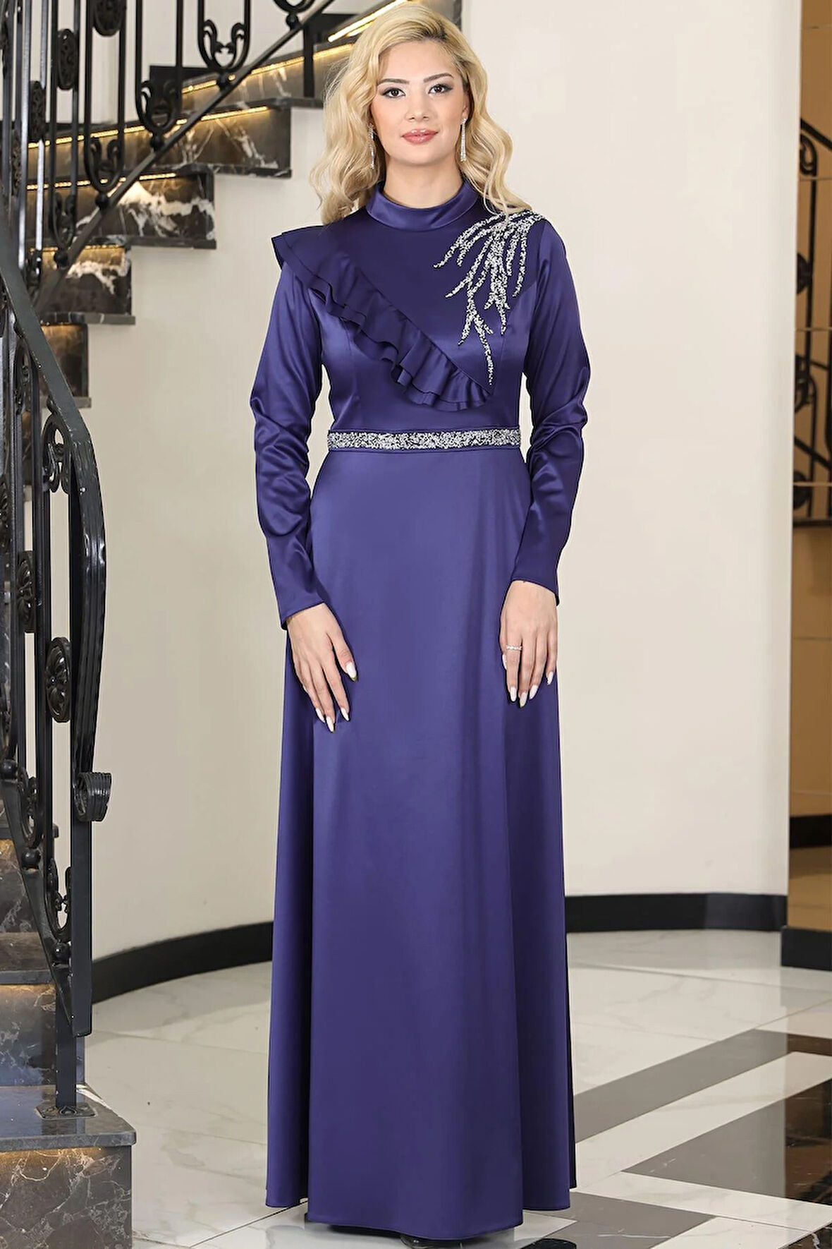 Ada Saten Tesettür Abiye Lacivert