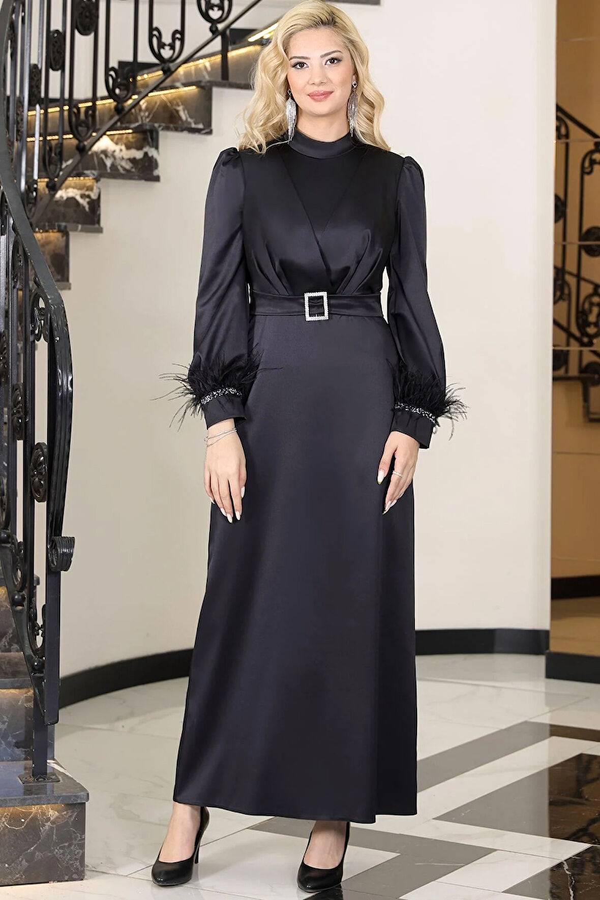 Lara Saten Kemerli Tesettür Abiye Siyah