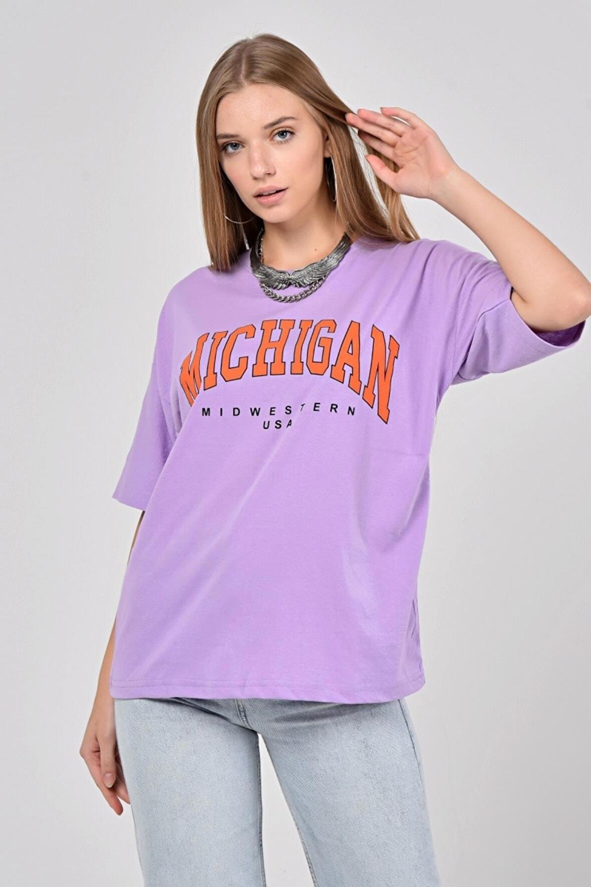 Kadın Lila Michigan Baskılı Oversize T-shirt