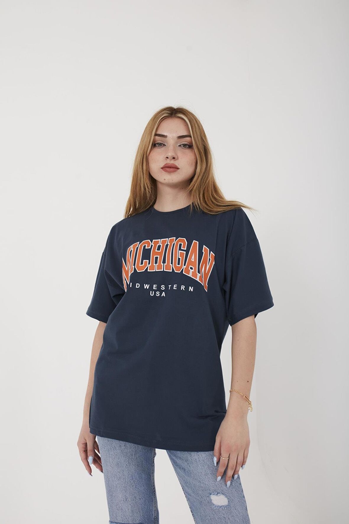 Kadın Lila Michigan Baskılı Oversize T-shirt