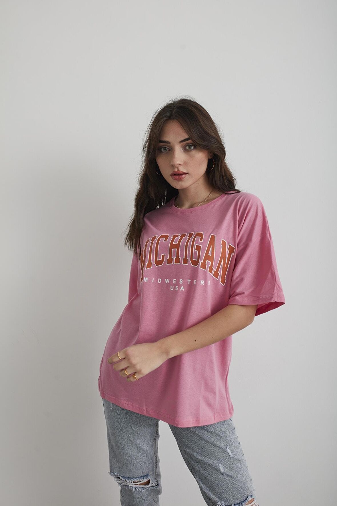 Kadın Lila Michigan Baskılı Oversize T-shirt