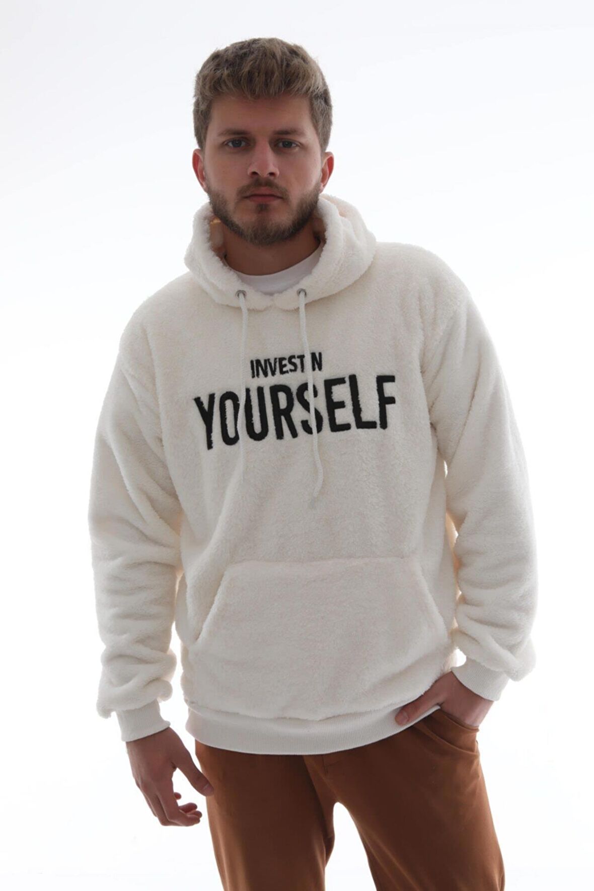 Erkek Gri Baskılı Peluş Kapüşonlu Cepli Sweatshirt