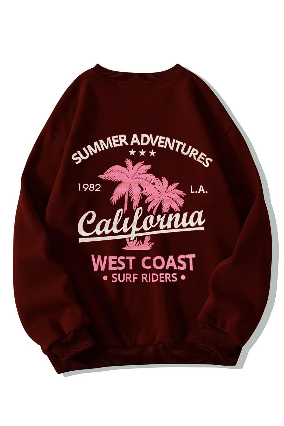 Kadın Bordo California Baskılı Kalın Oversize Sweatshirt