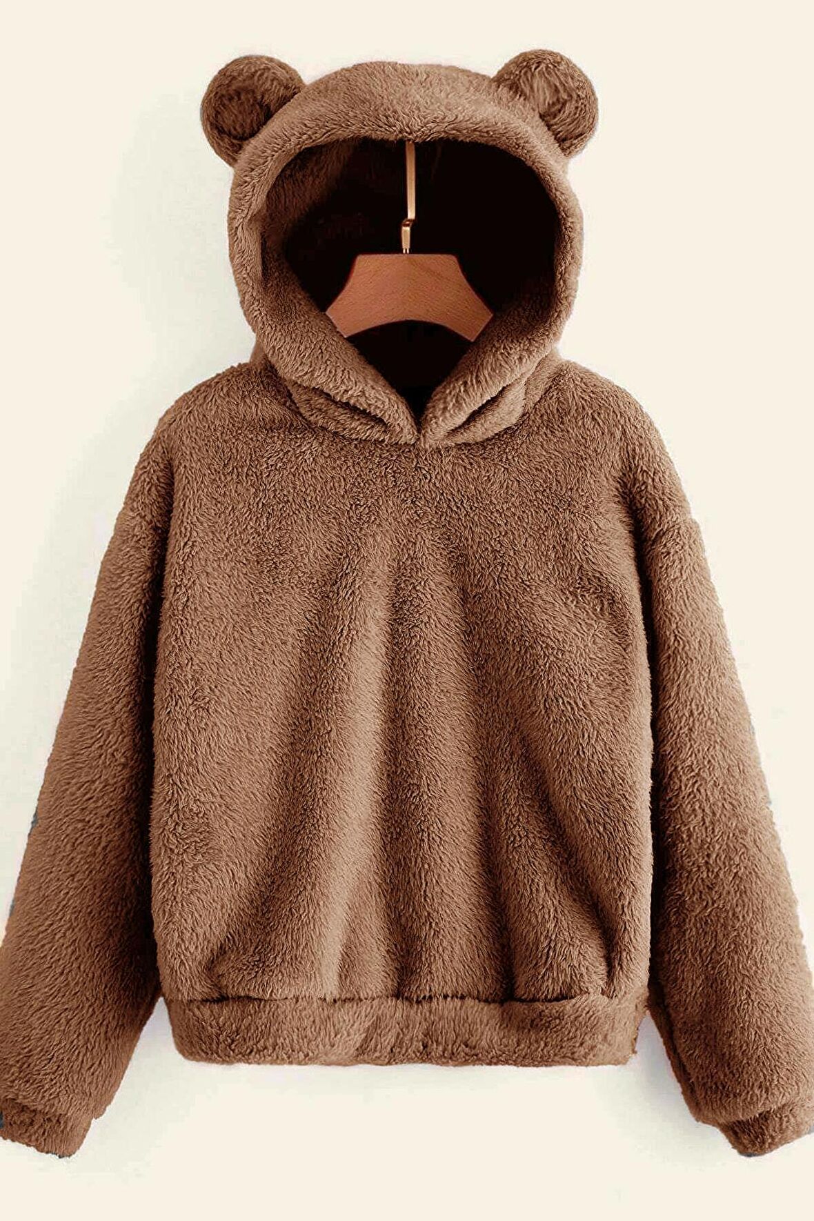 Kadın Mavi Peluş Düşük Omuz Teddy Kulaklı Kapüşonlu Sweatshirt