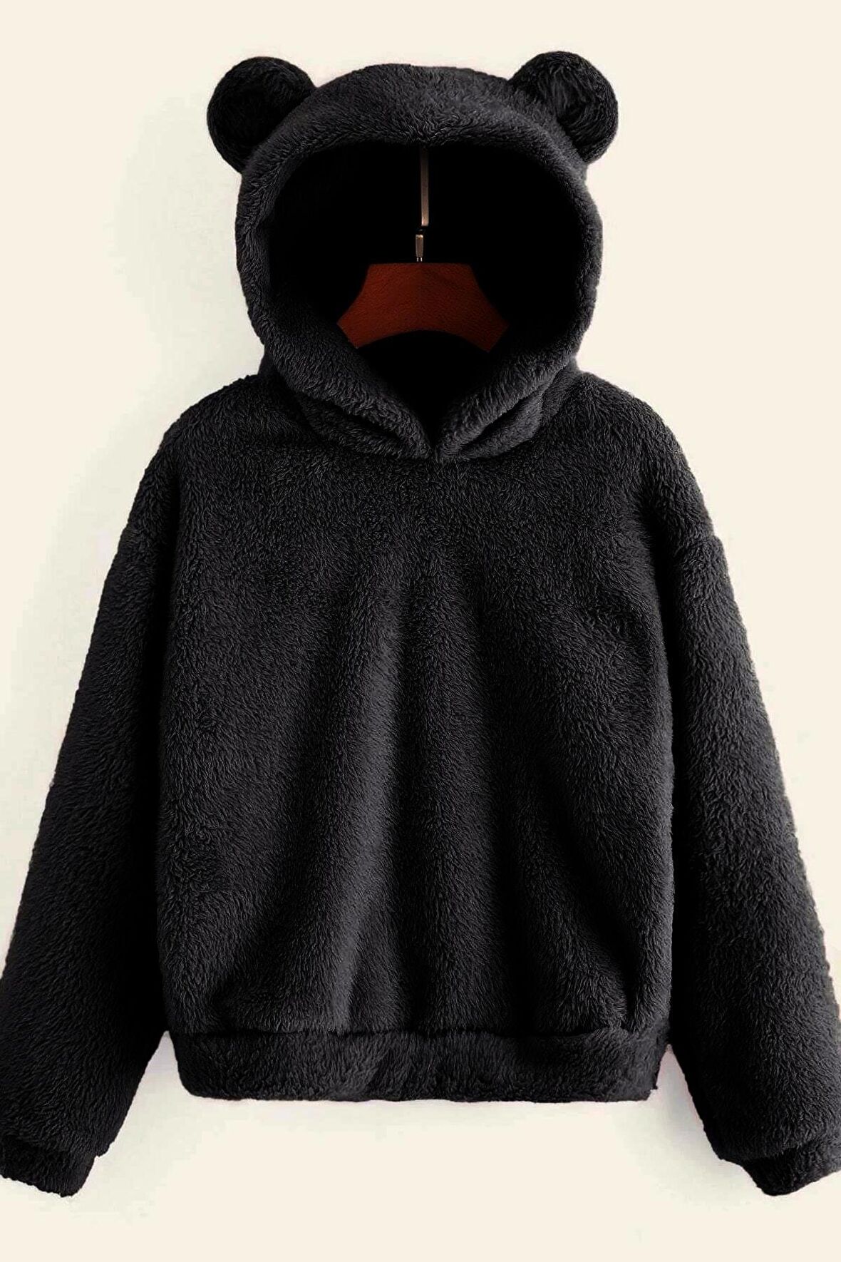 Kadın Mavi Peluş Düşük Omuz Teddy Kulaklı Kapüşonlu Sweatshirt