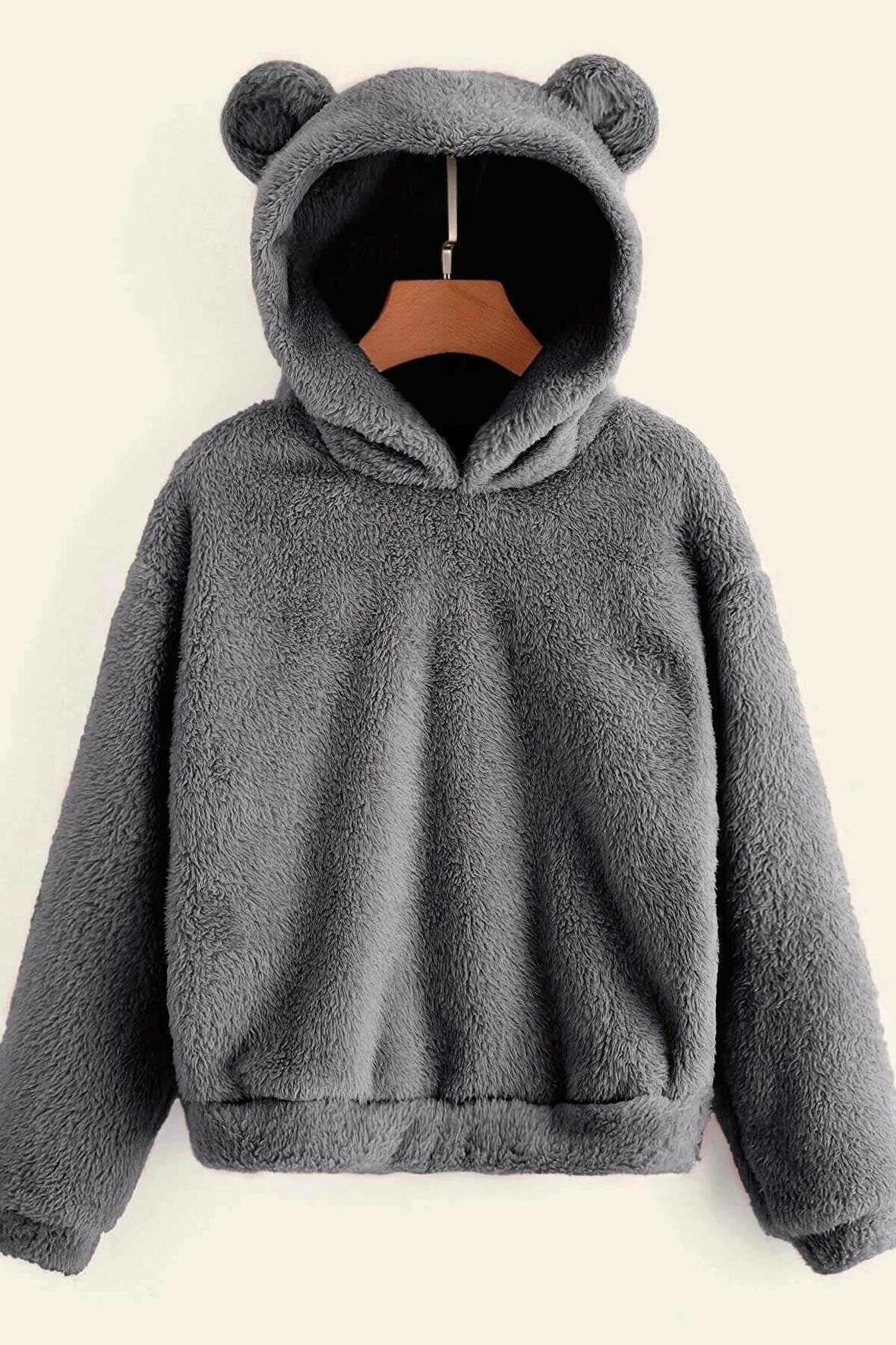 Kadın Mavi Peluş Düşük Omuz Teddy Kulaklı Kapüşonlu Sweatshirt