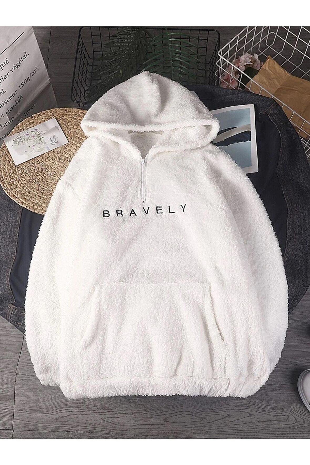 Erkek Bravely Nakışlı Yarım Fermuar Cepli Peluş Sweatshirt