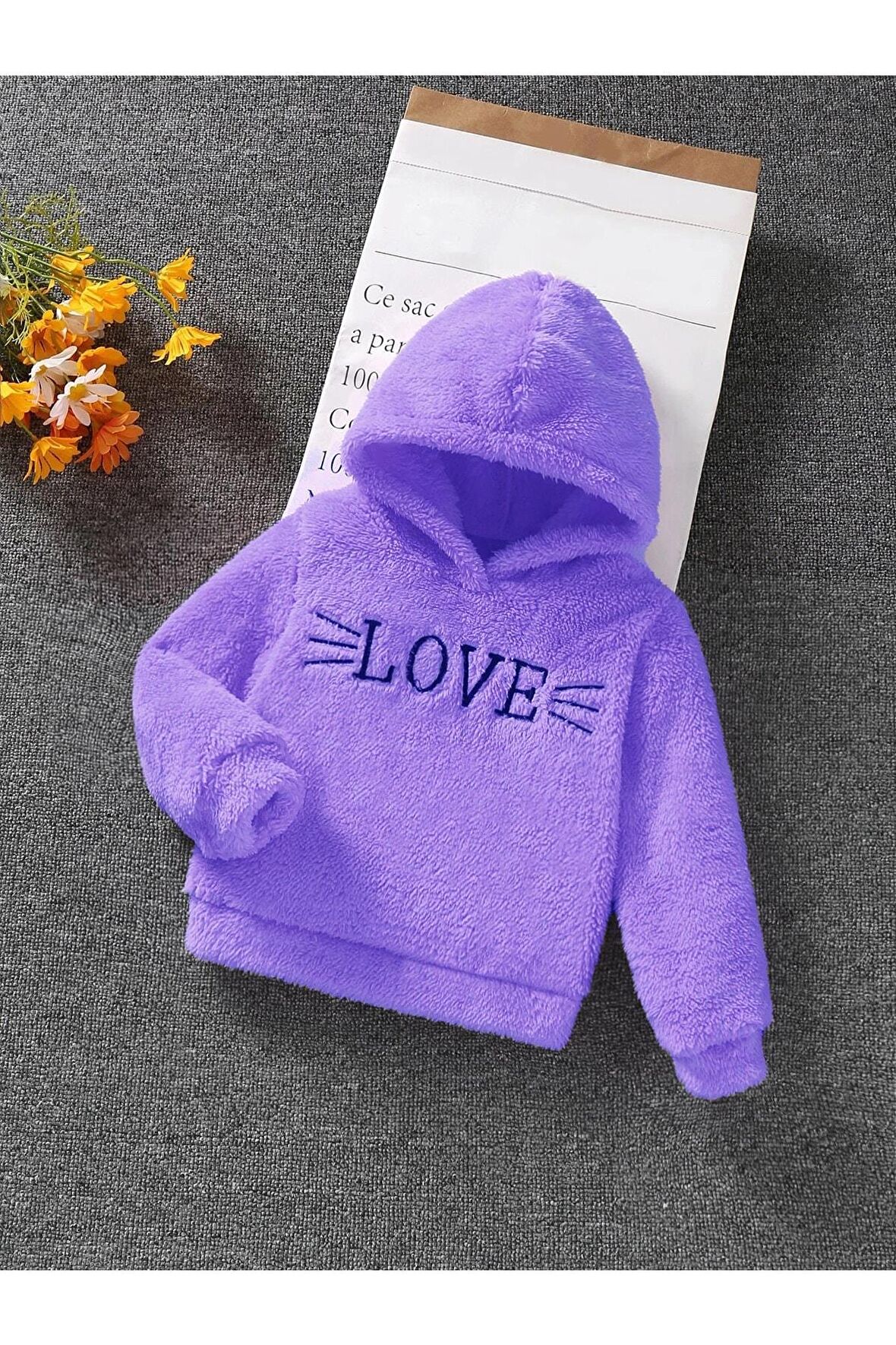 Kız Çocuk Love Nakışlı Kapüşonlu Peluş Sweatshirt