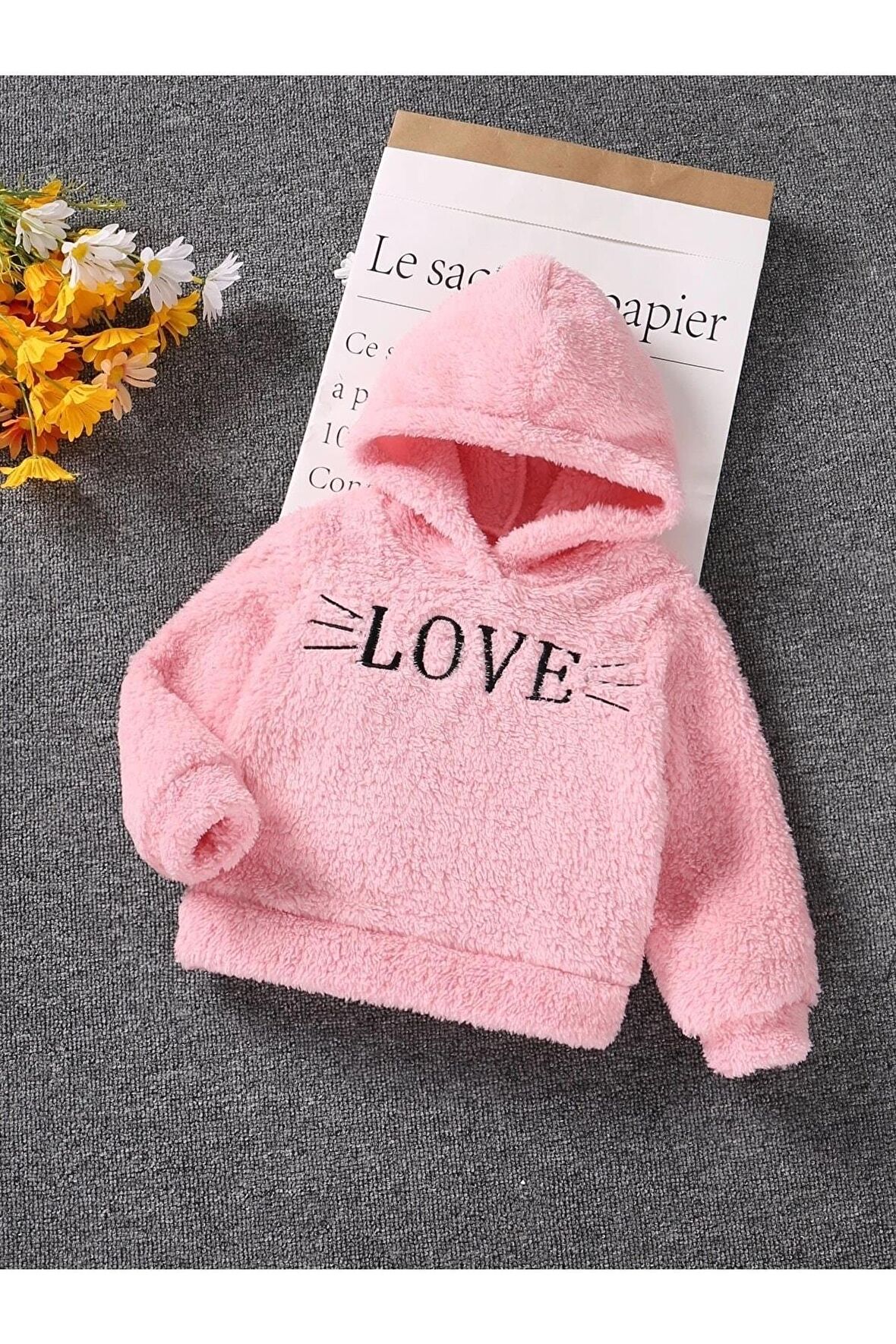 Kız Çocuk Love Nakışlı Kapüşonlu Peluş Sweatshirt